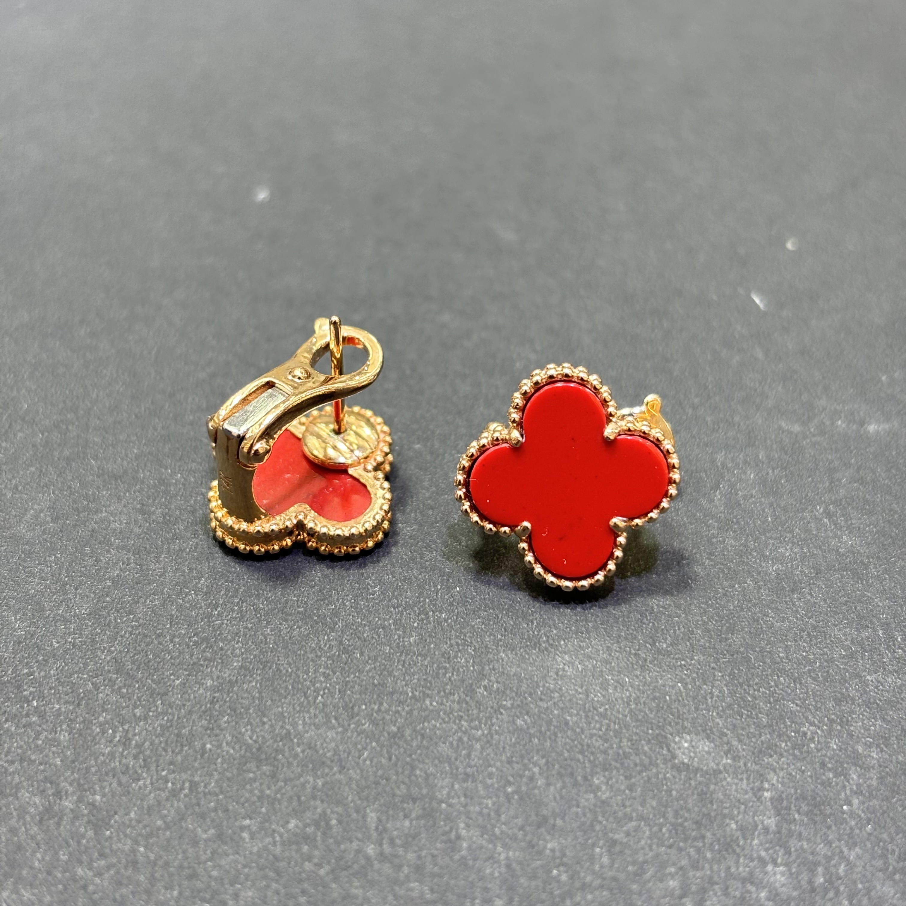 14k Gold Clover Red Earrings