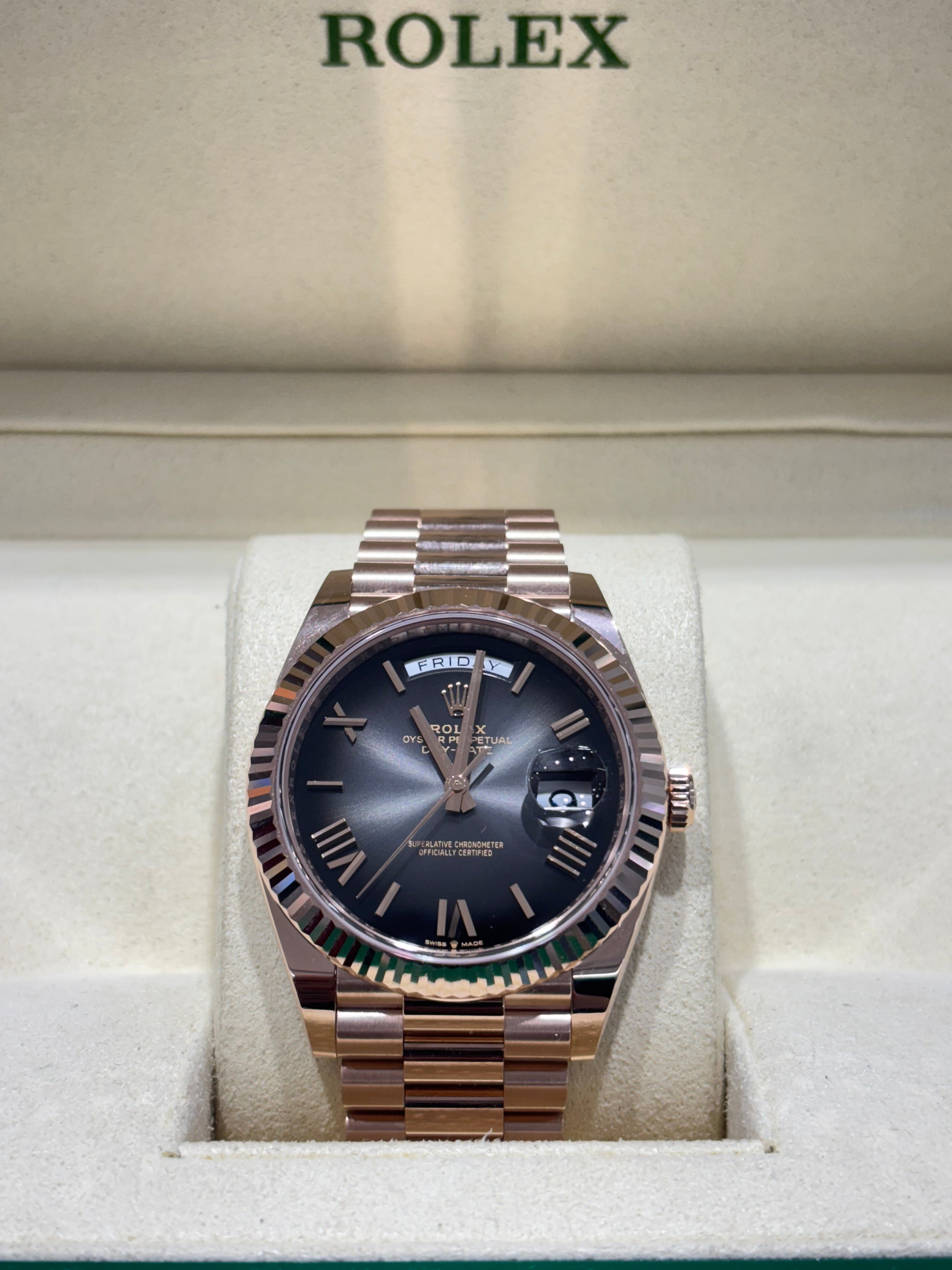 ROLEX DAY-DATE “OMBRE” 40MM | 18KT ROSE GOLD | SLATE ROMAN DIAL