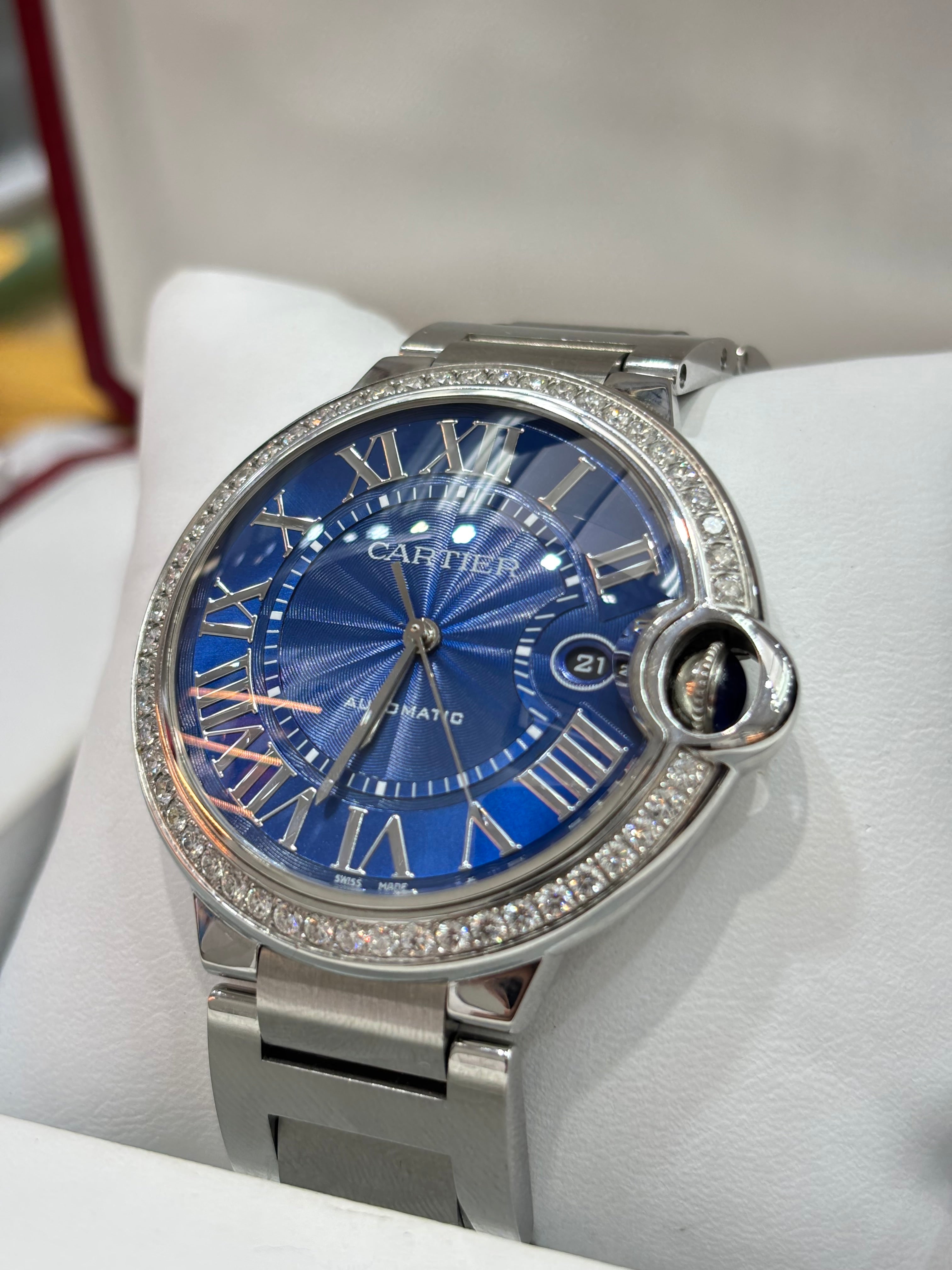 42MM CARTIER BALLON BLEU | DIAMOND BEZEL | BLUE ROMAN DIAL | FACTORY-SET