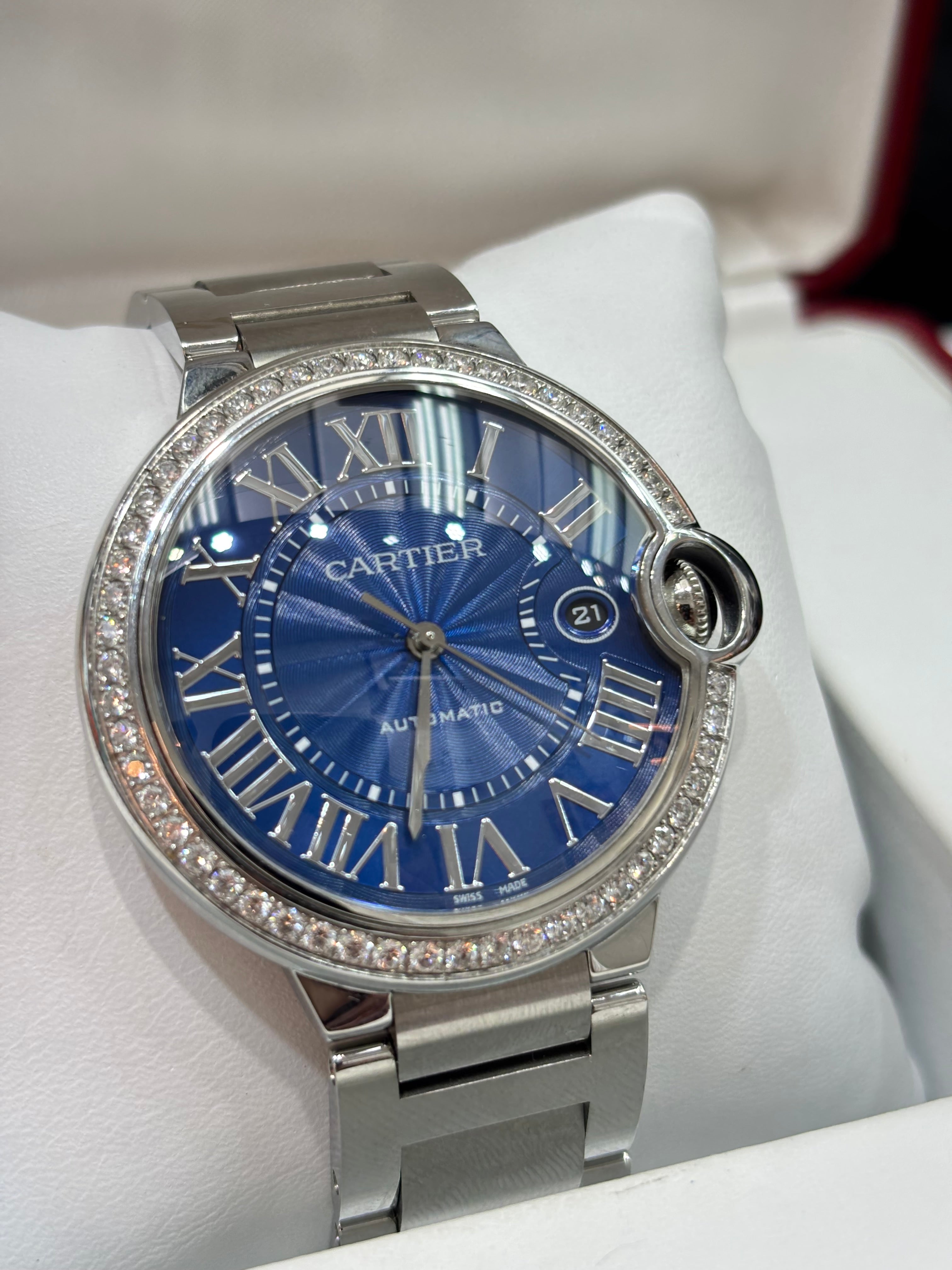 42MM CARTIER BALLON BLEU | DIAMOND BEZEL | BLUE ROMAN DIAL | FACTORY-SET