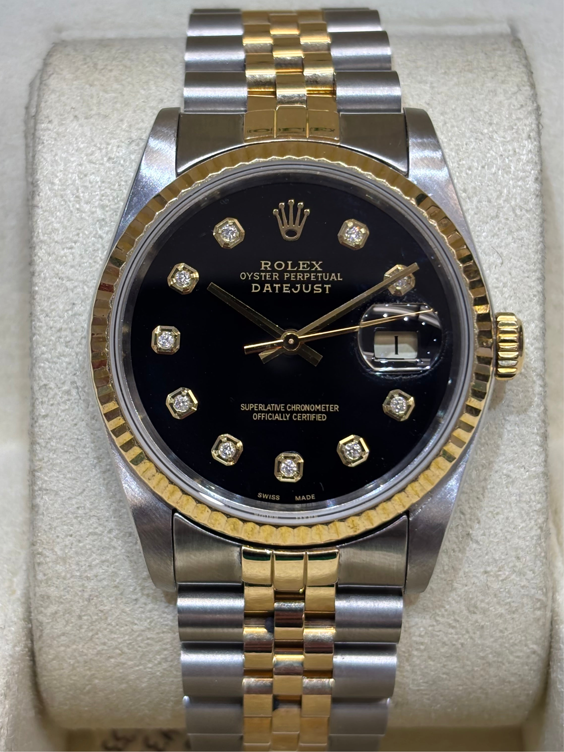 ROLEX DATEJUST 36MM | 18KT YELLOW GOLD TWO-TONE | JUBILEE BRACELET | BLACK DIAMOND DIAL