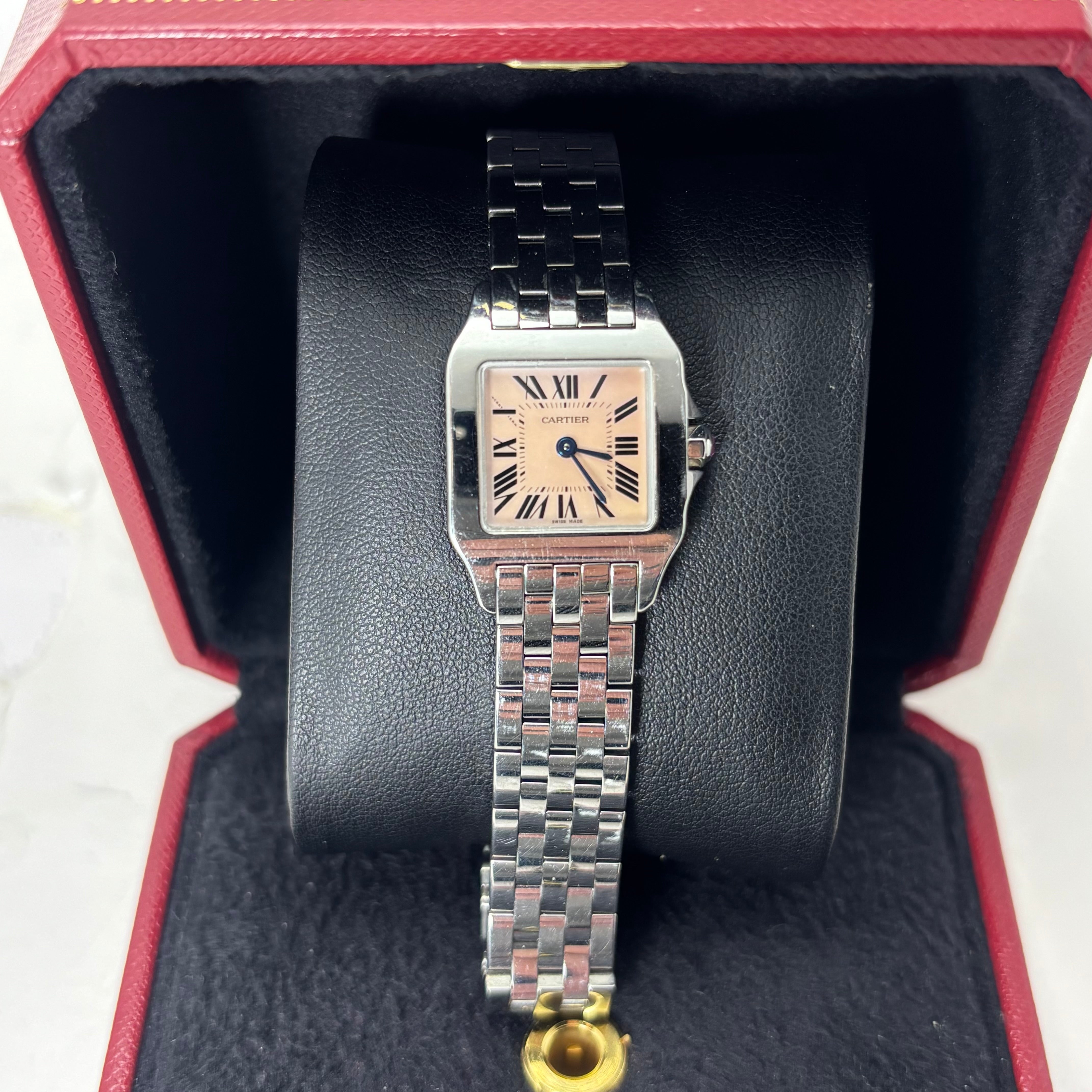 26MM Cartier Santos Demoiselle ladies watch STAINLESS STEEL PINK SALMON MOP DIAL #2698