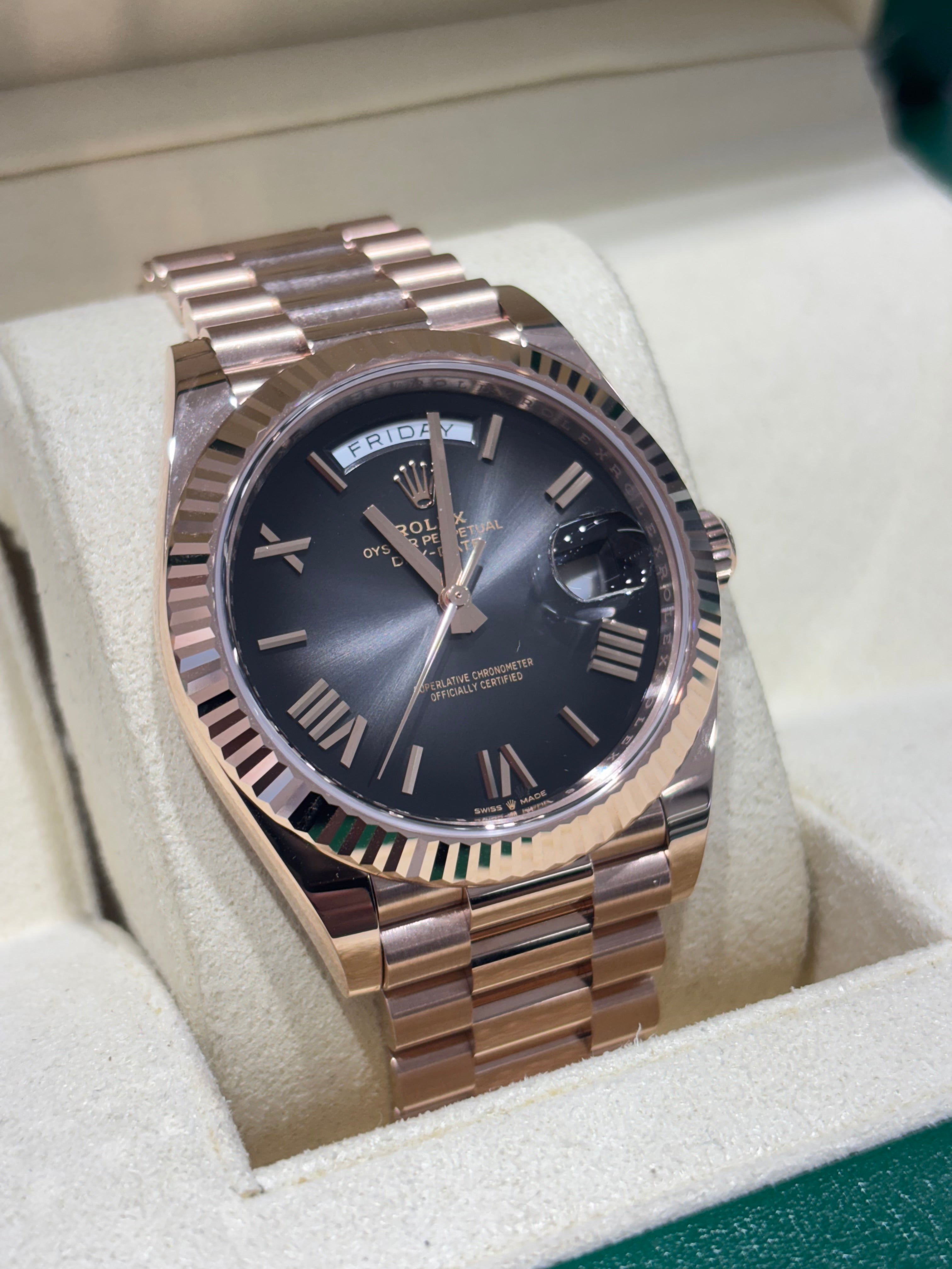 ROLEX DAY-DATE “OMBRE” 40MM | 18KT ROSE GOLD | SLATE ROMAN DIAL