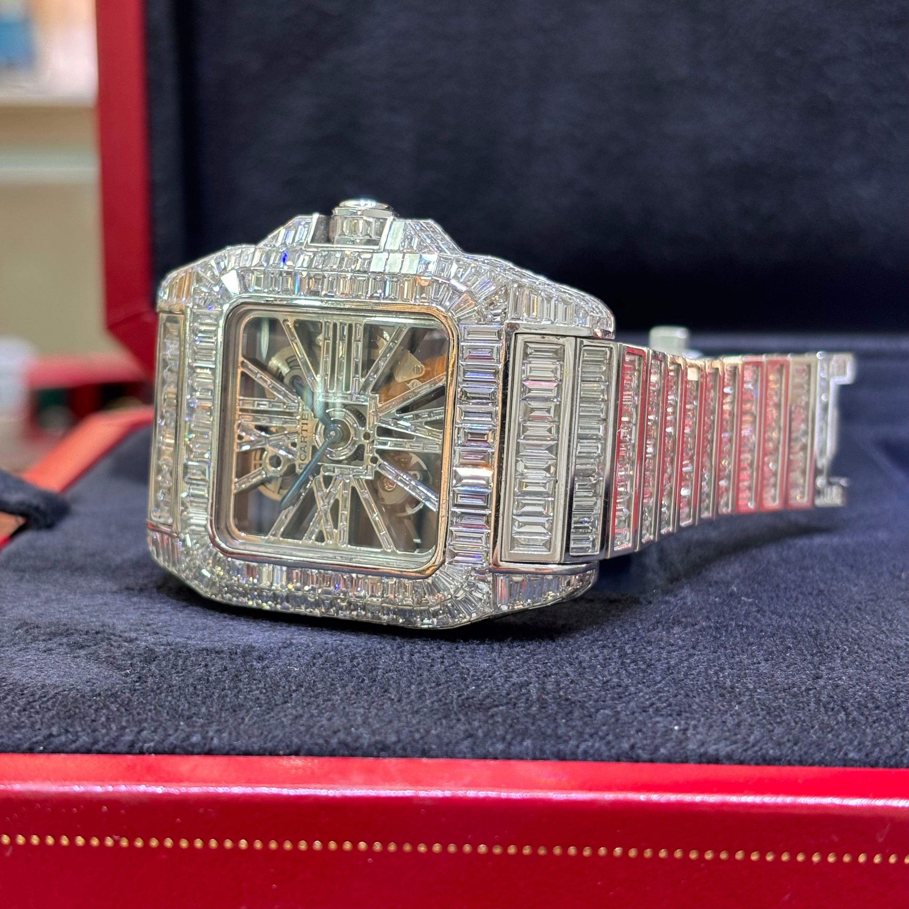 18KT SOLID WHITE GOLD CARTIER SANTOS XL 100 BAGUETTE CHANDELIER 52.00CTW VVS-1