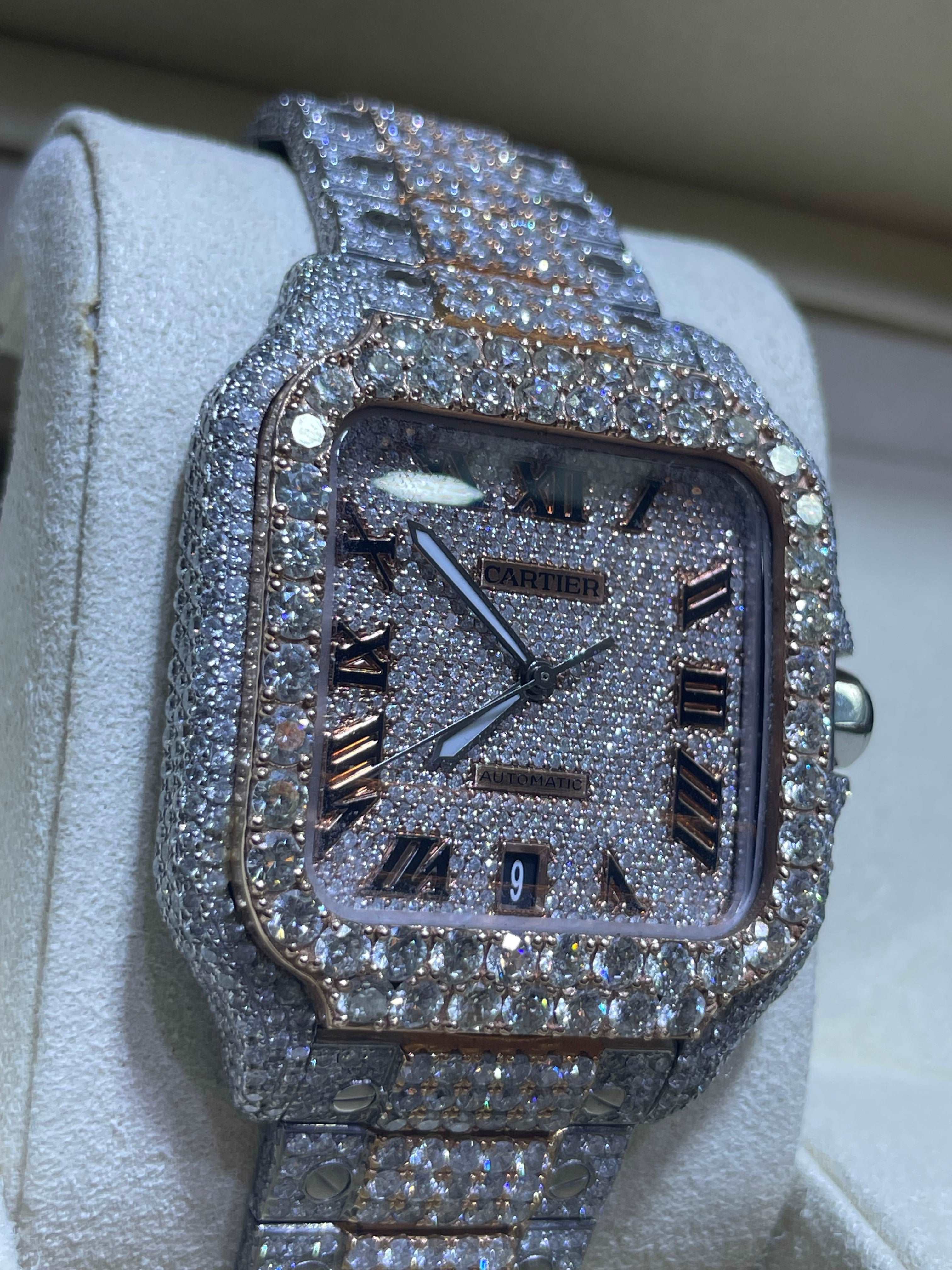 41mm Iced Out Cartier Watch Rose Gold | Roman | Santos XL | Rose Gold