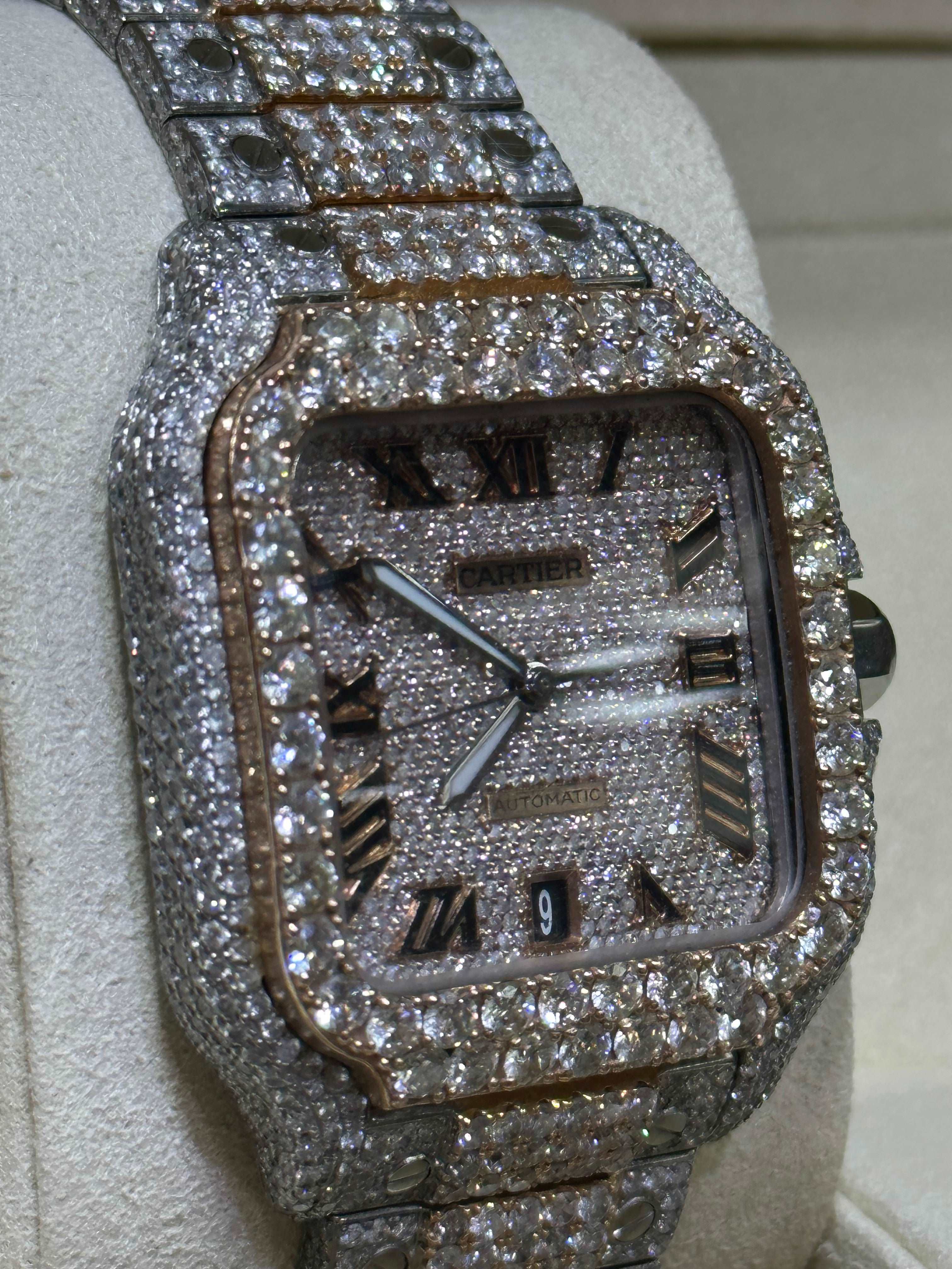 41mm Iced Out Cartier Watch Rose Gold | Roman | Santos XL | Rose Gold