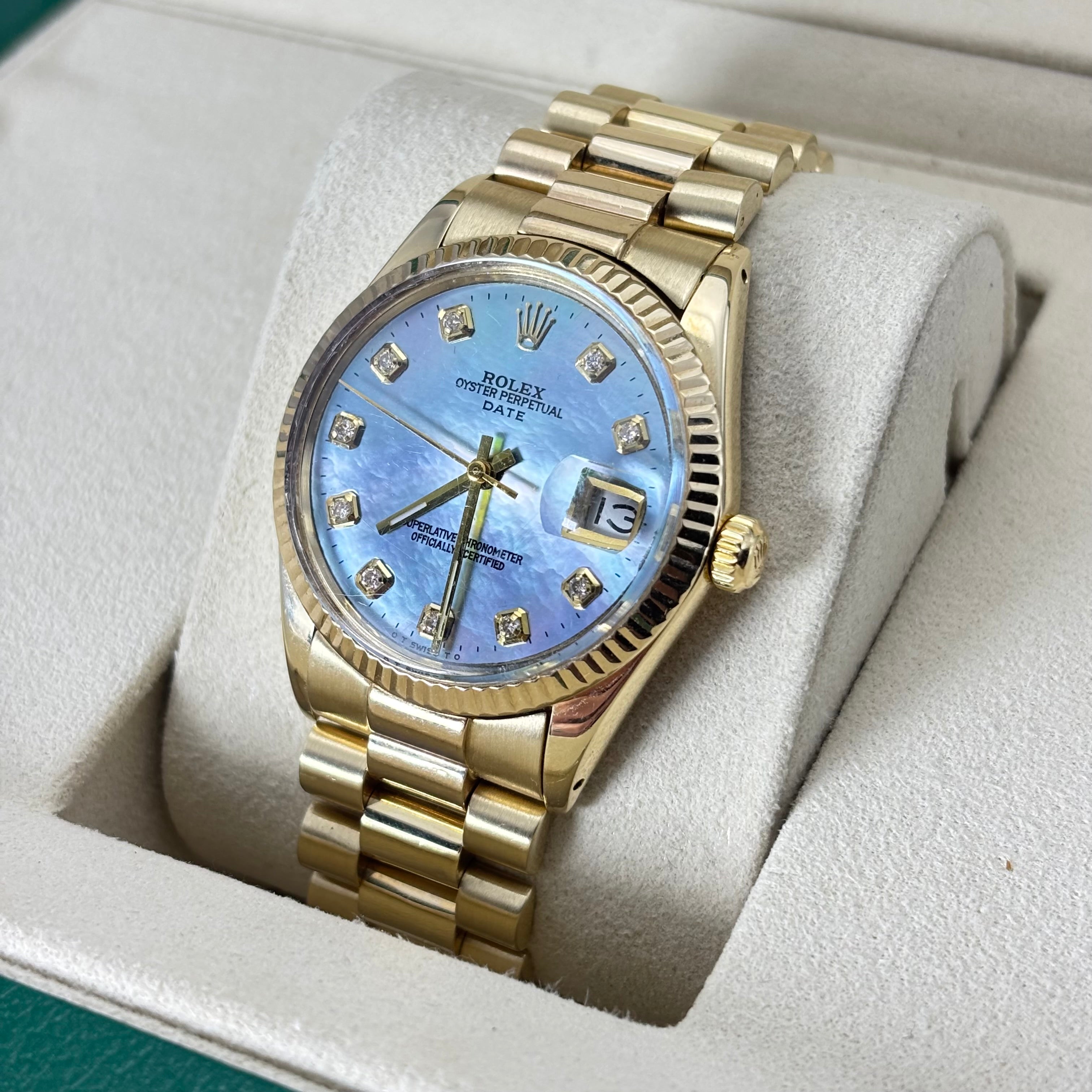 34MM ROLEX DATE MOP 18KT GOLD WATCH