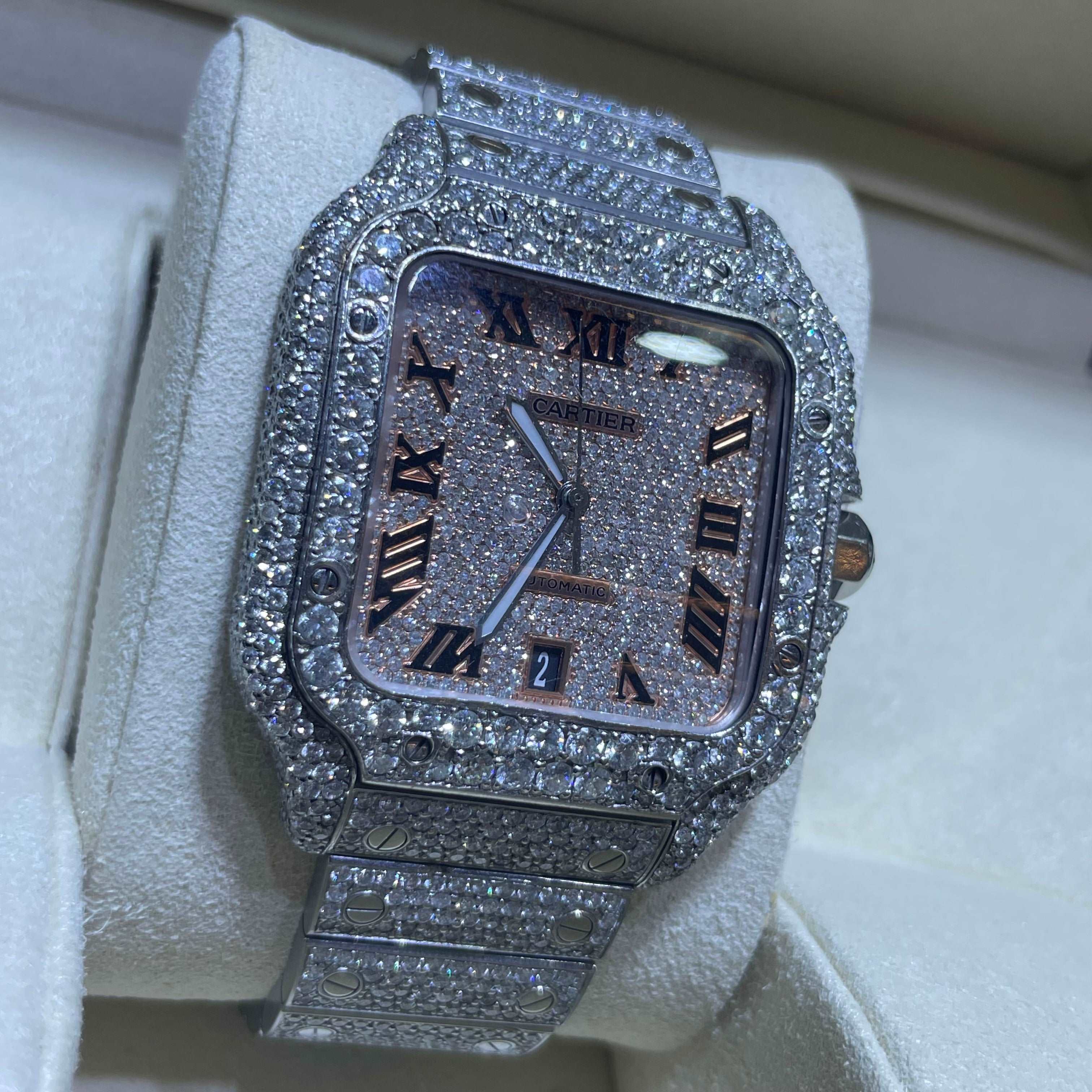 41mm Iced Out Cartier Watch Rose Gold | Rose Roman | Santos XL |