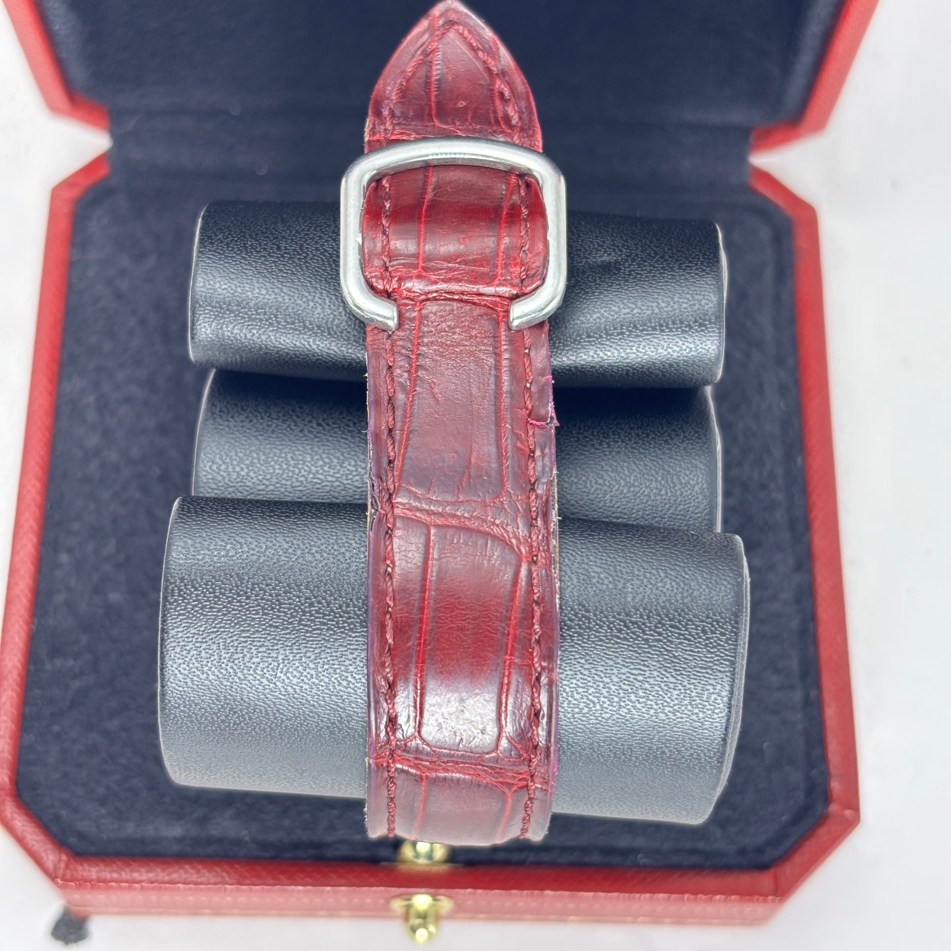 CARTIER CLE De 36MM STEEL AND MAROON LEATHER BAND