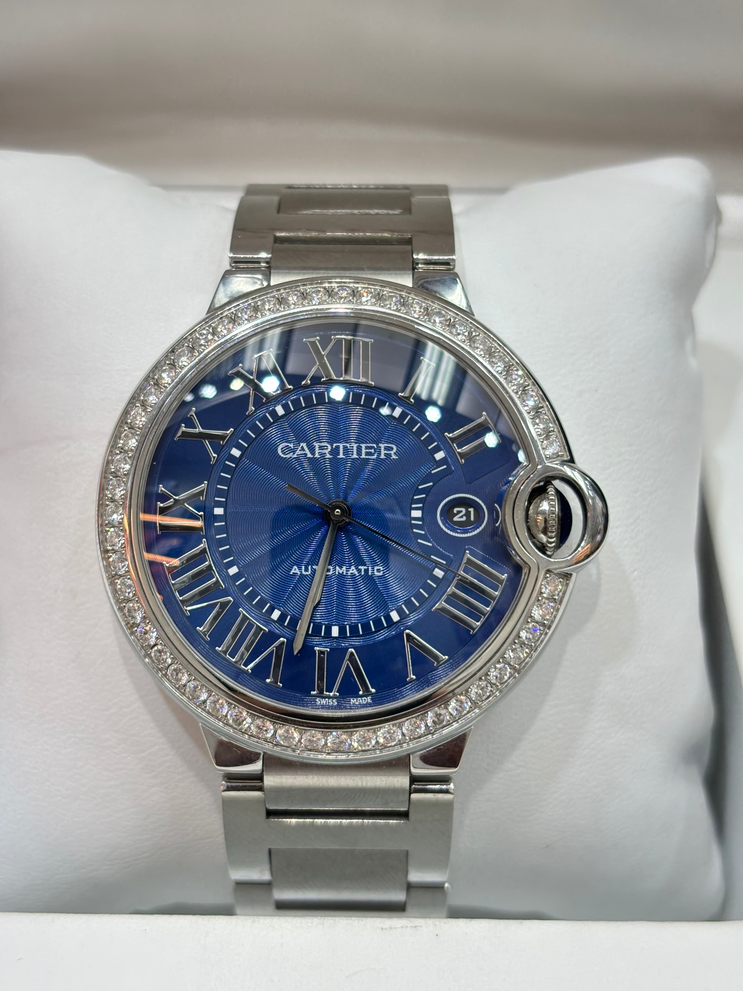 42MM CARTIER BALLON BLEU | DIAMOND BEZEL | BLUE ROMAN DIAL | FACTORY-SET