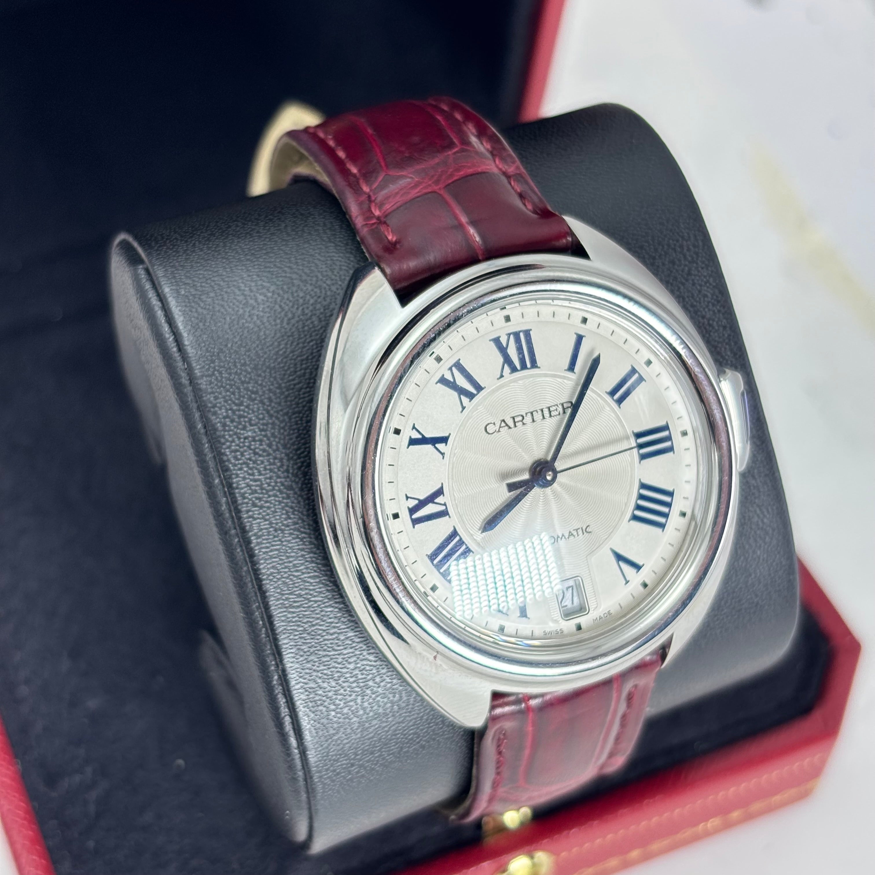 CARTIER CLE De 36MM STEEL AND MAROON LEATHER BAND