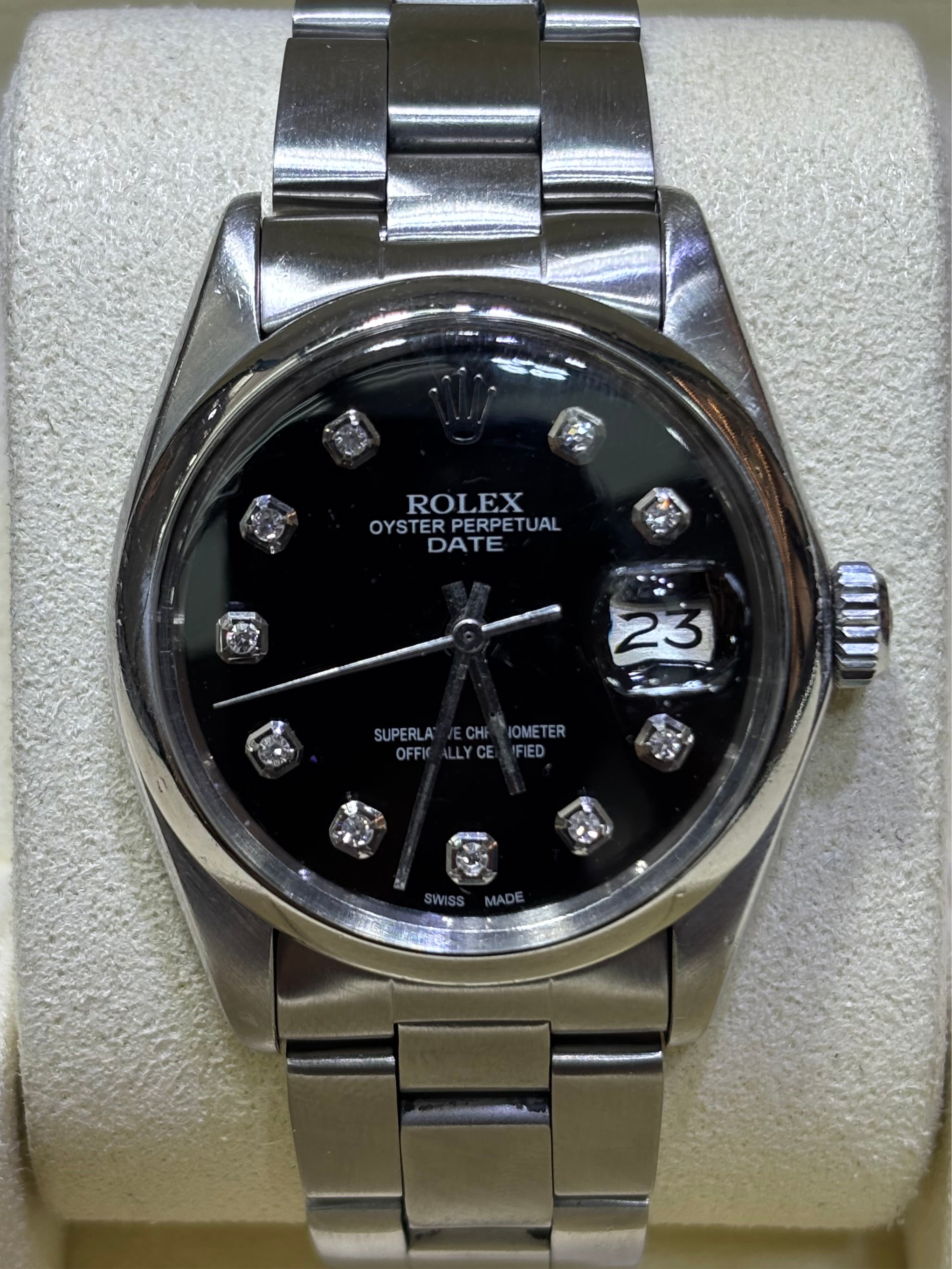 34MM ROLEX DATE STEEL OYSTER BRACELET BLACK DIAMOND DIAL