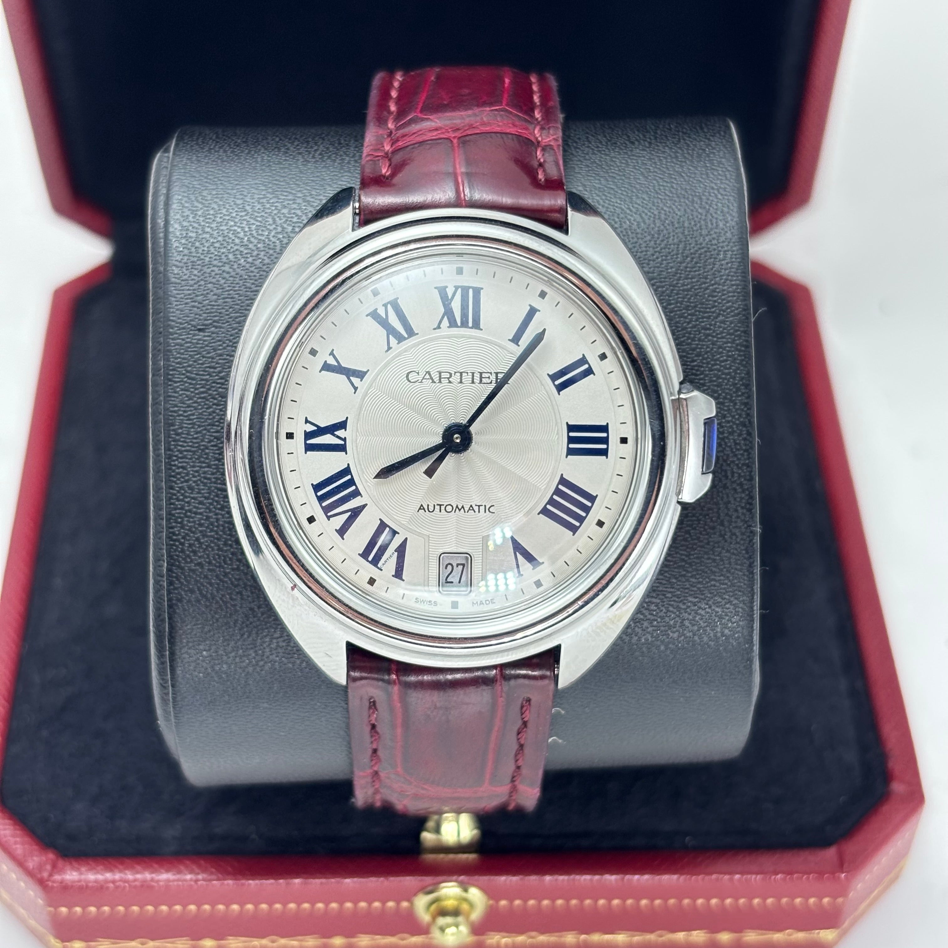 CARTIER CLE De 36MM STEEL AND MAROON LEATHER BAND