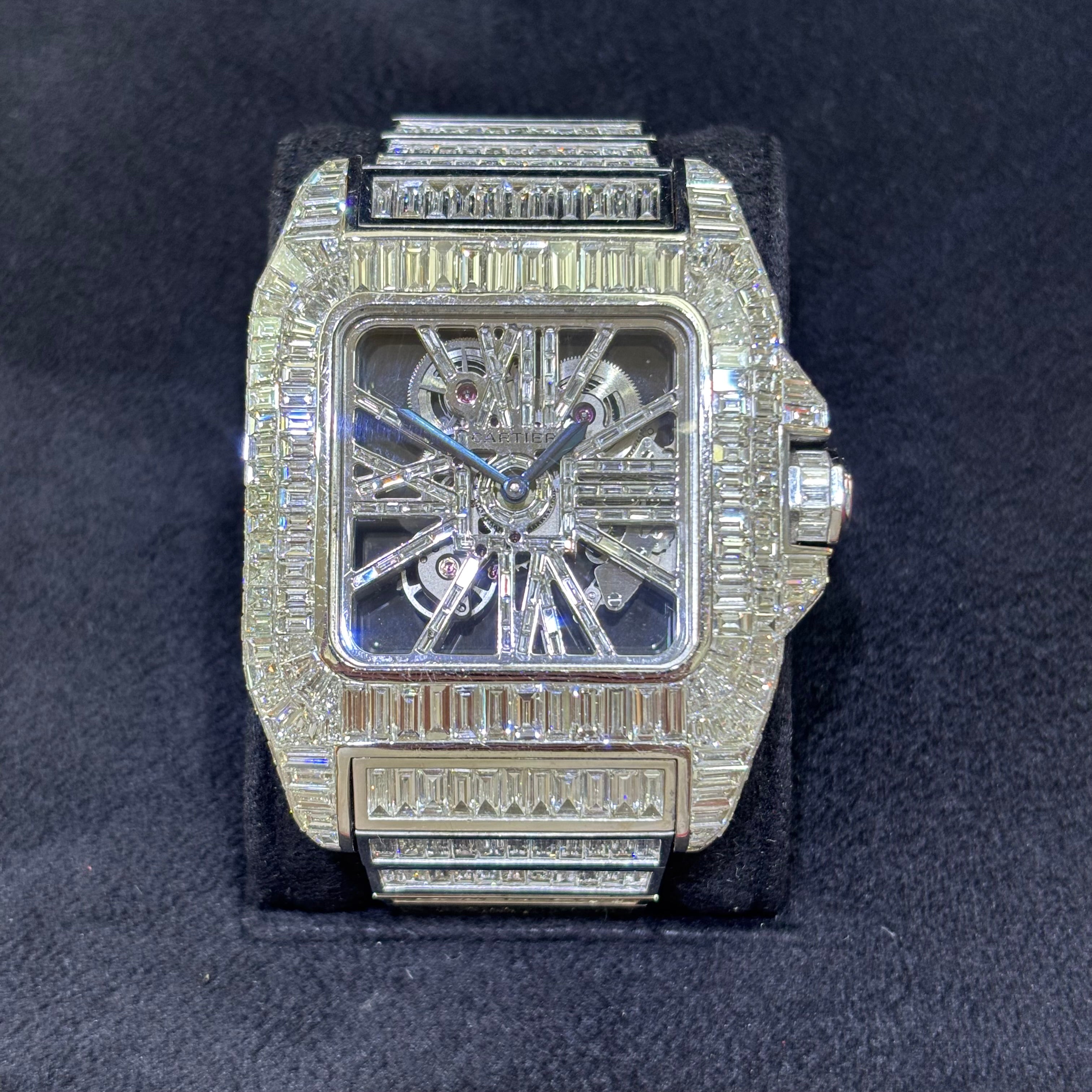 18KT SOLID WHITE GOLD CARTIER SANTOS XL 100 BAGUETTE CHANDELIER 52.00CTW VVS-1