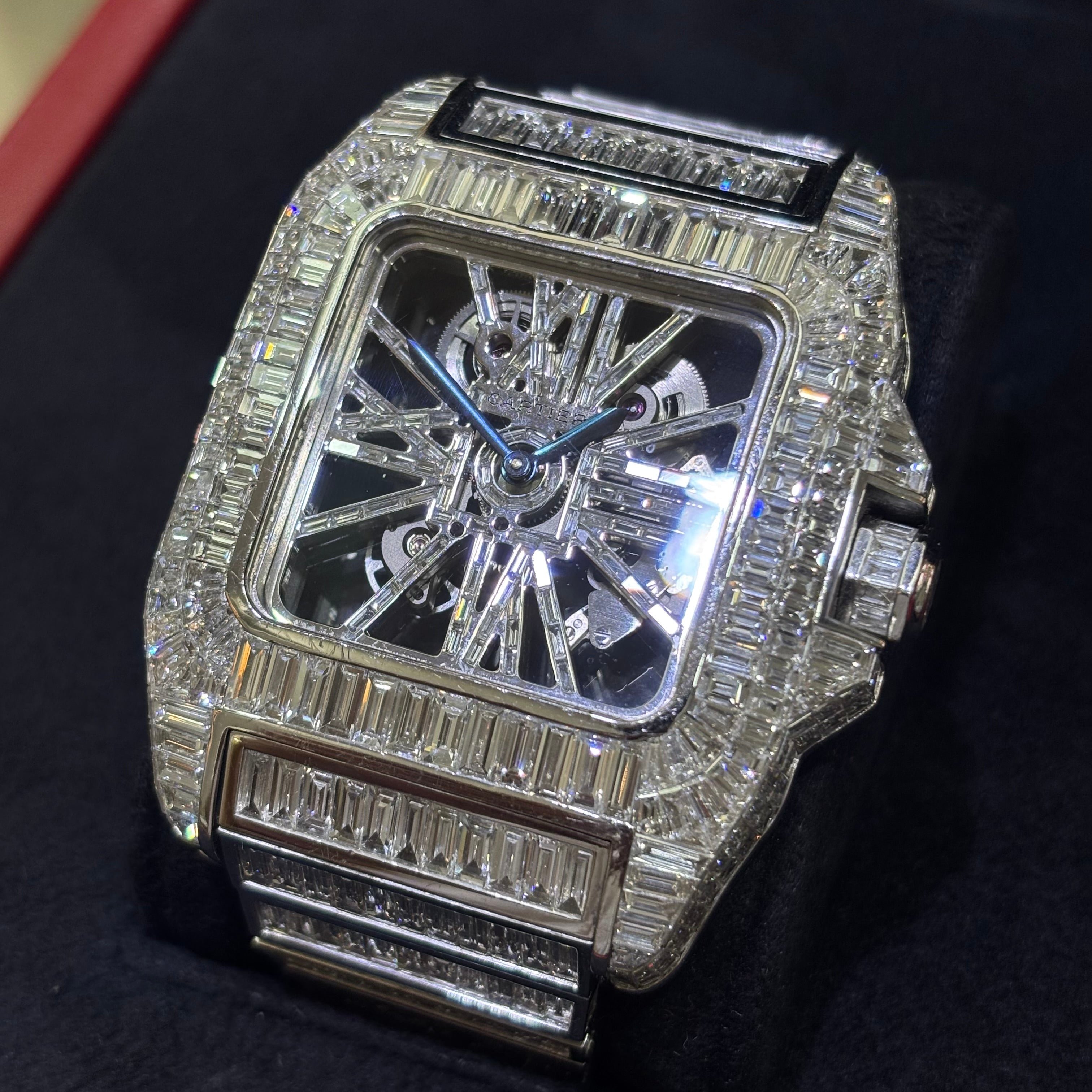 18KT SOLID WHITE GOLD CARTIER SANTOS XL 100 BAGUETTE CHANDELIER 52.00CTW VVS-1