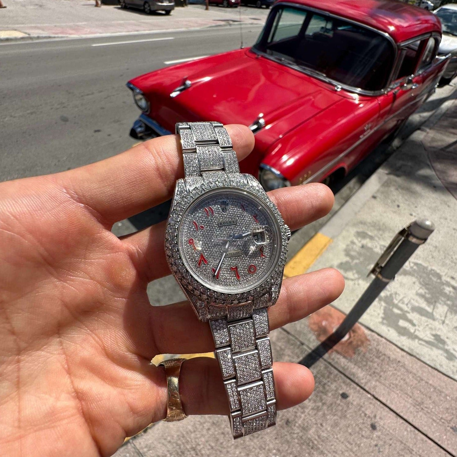 Bust Down Rolex 41mm Red Arabic Dial