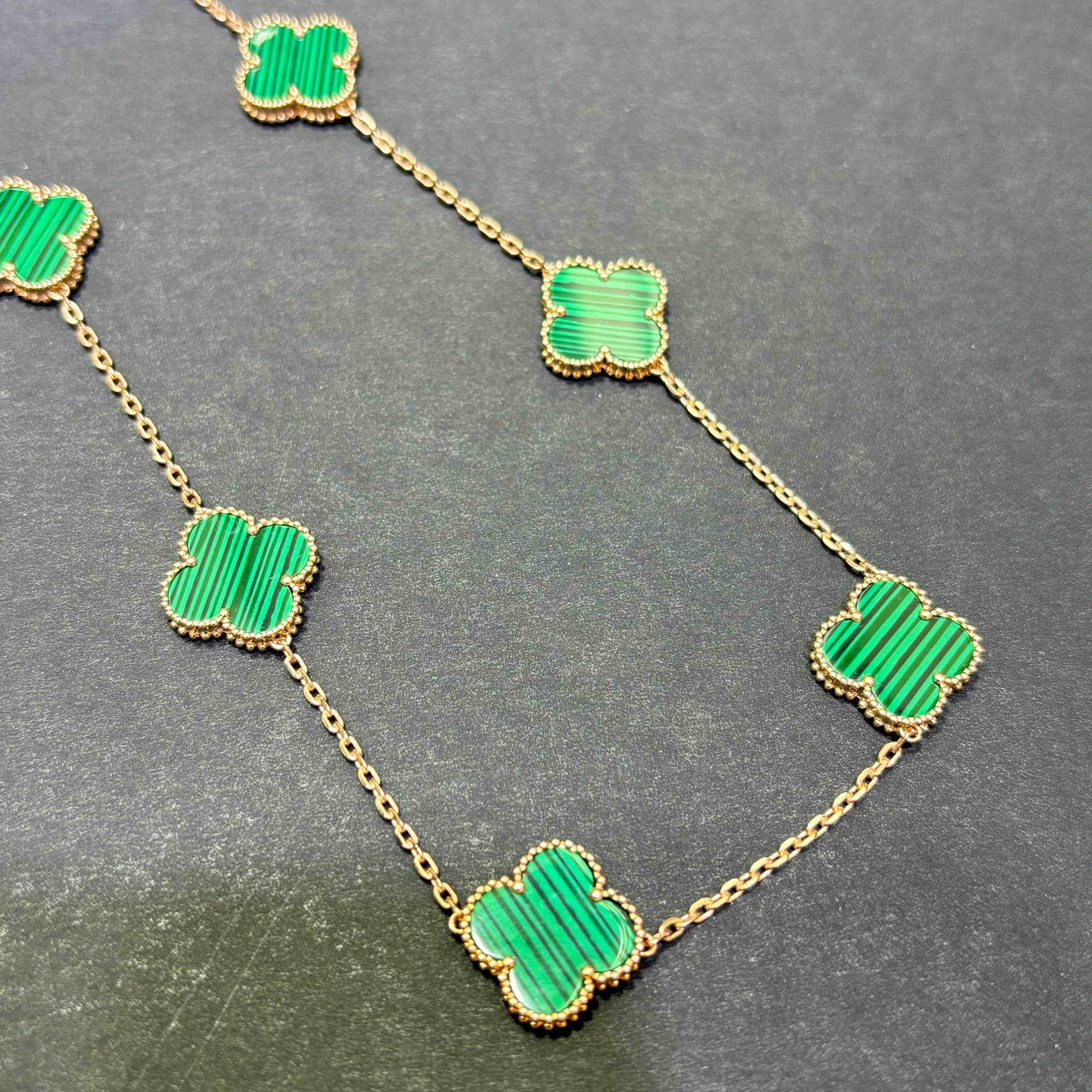14K Yellow Gold Malachite Clover Necklace