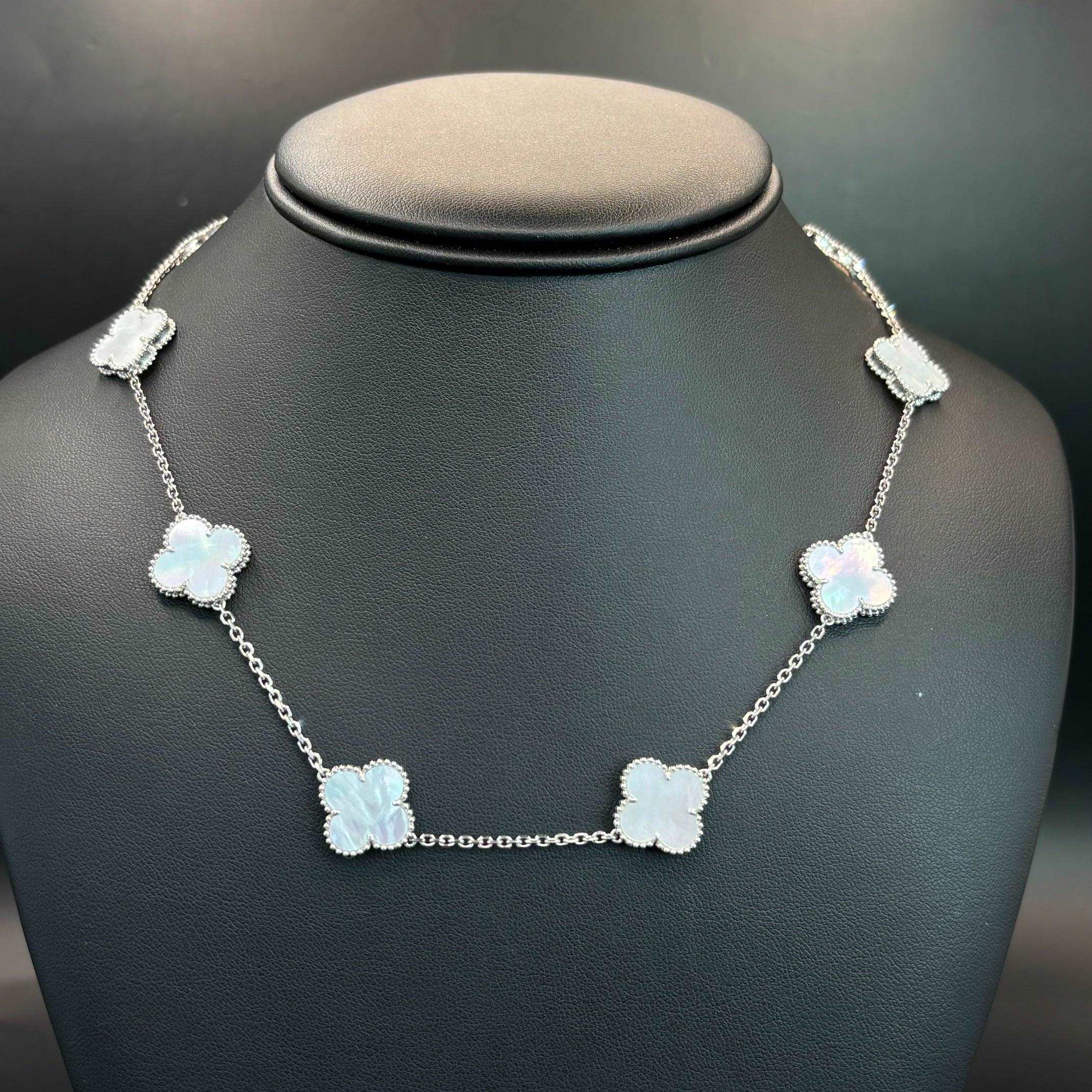 14K White Gold Mother of Pearl Clover Necklace