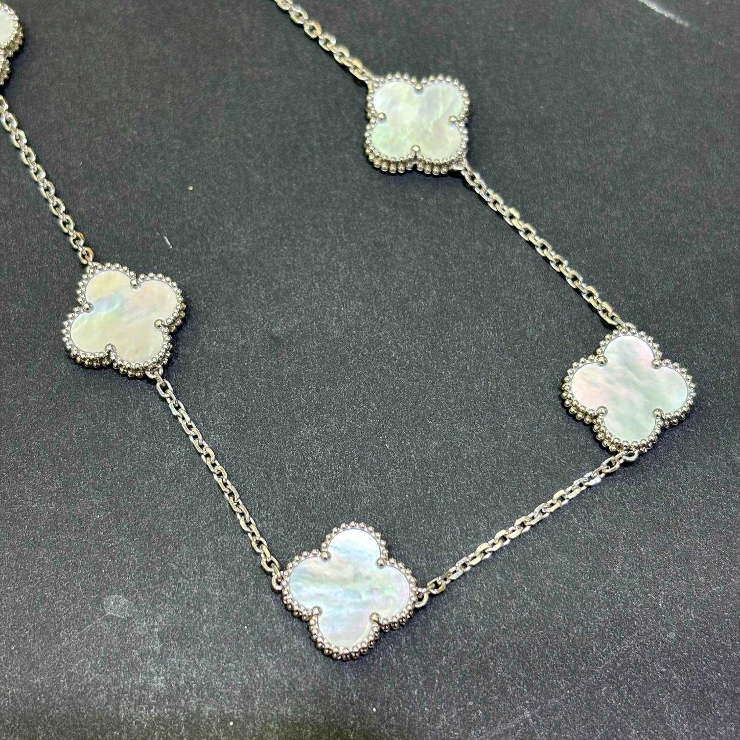 14K White Gold Mother of Pearl Clover Necklace