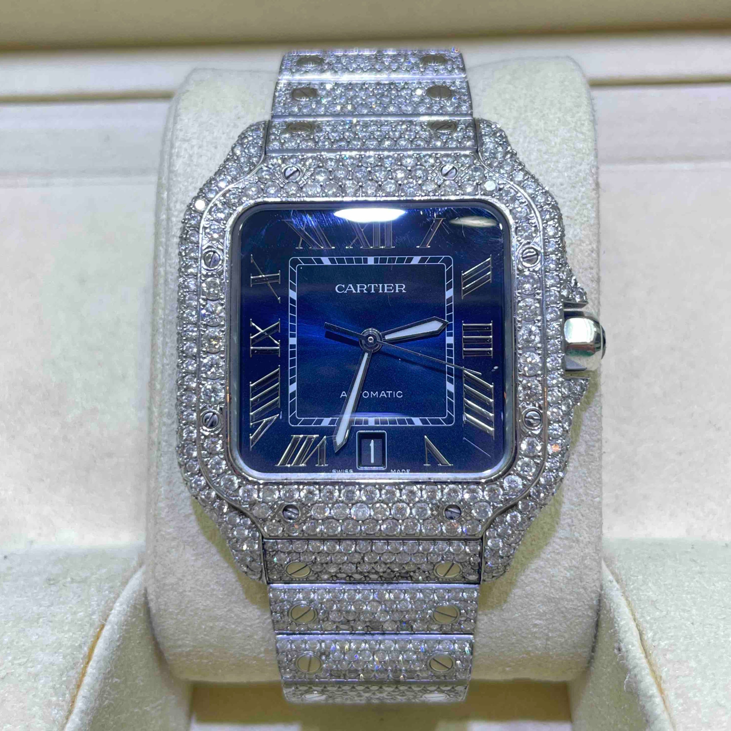 Iced Out Cartier Watch Blue Face