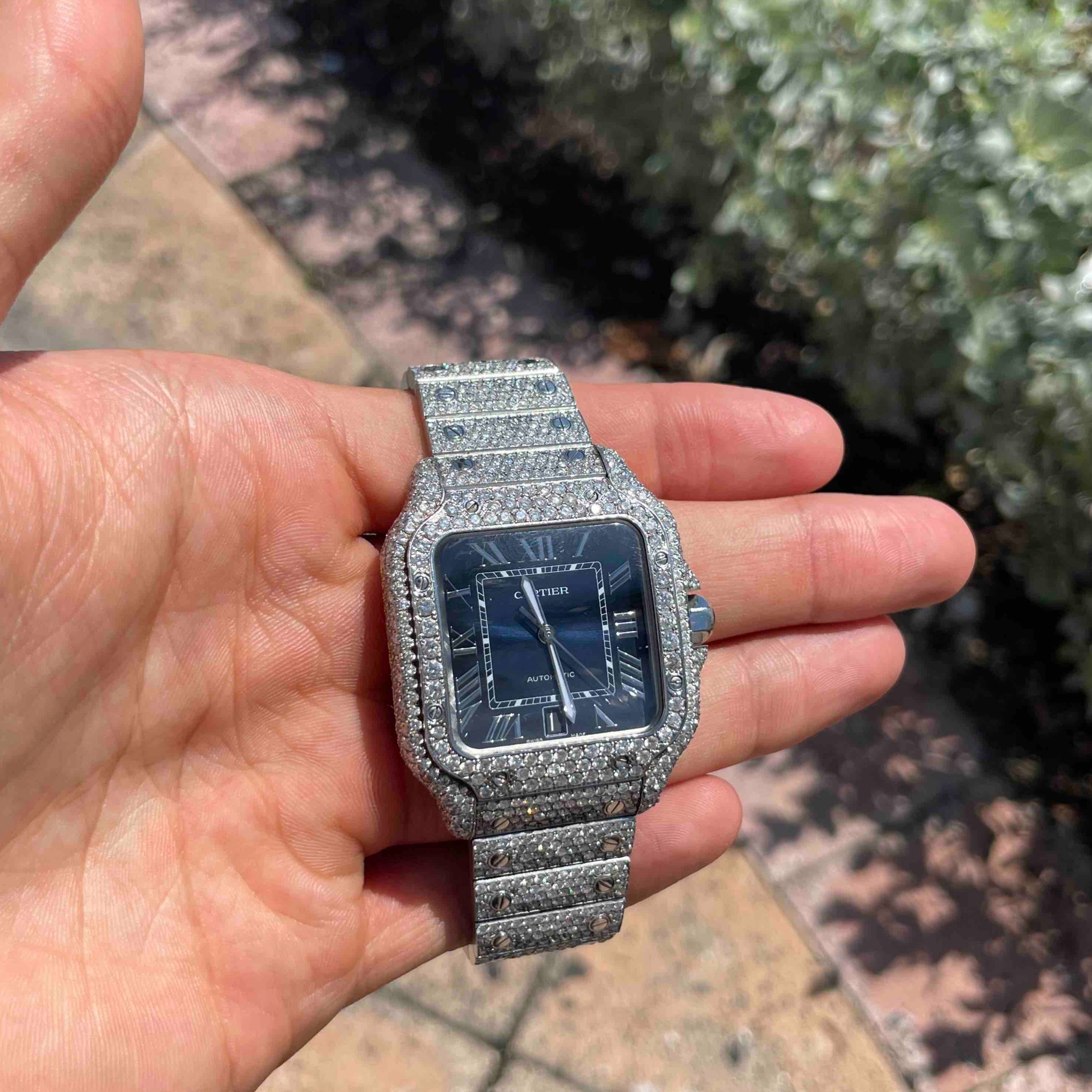 Iced Out Cartier Watch Blue Face
