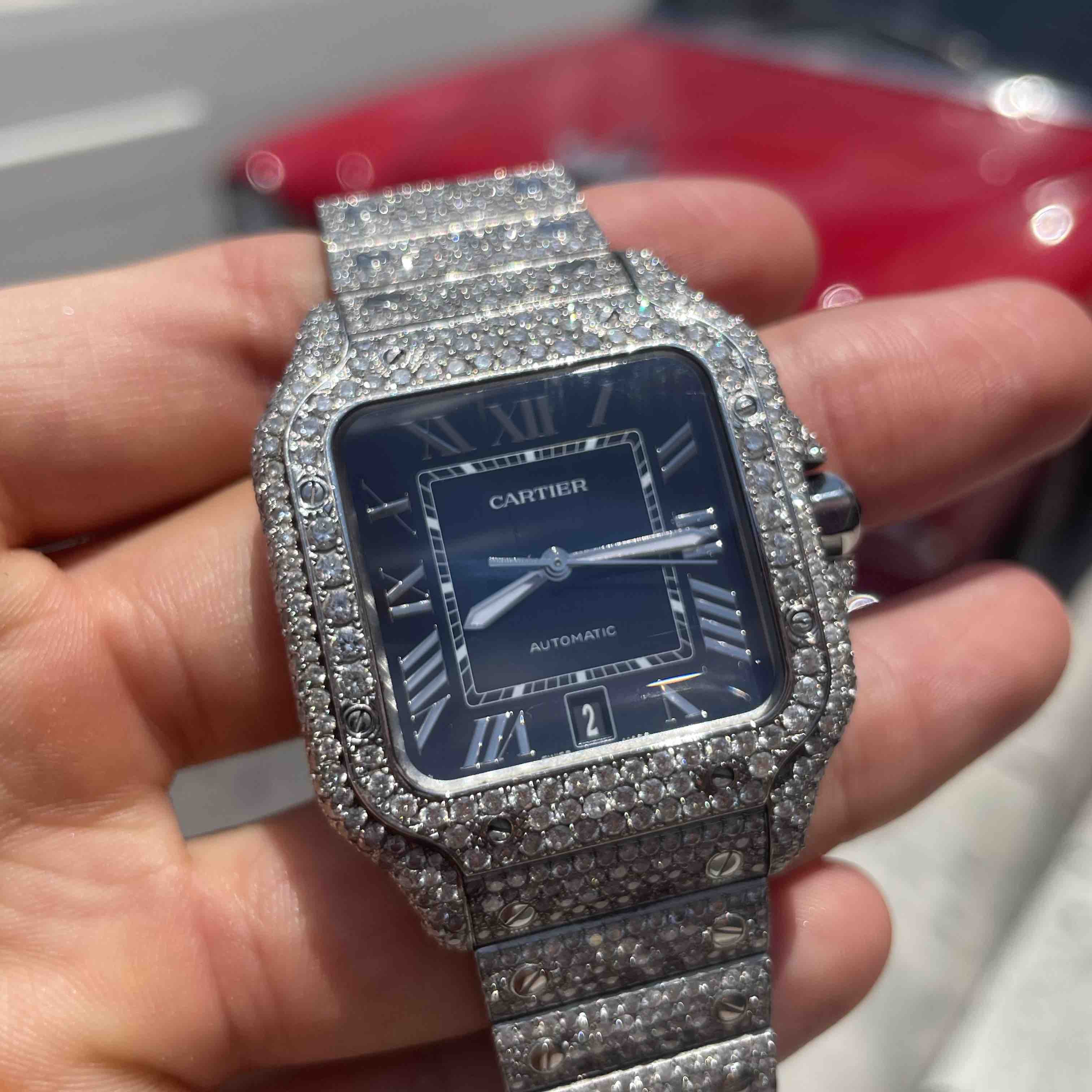 Iced Out Cartier Watch Blue Face