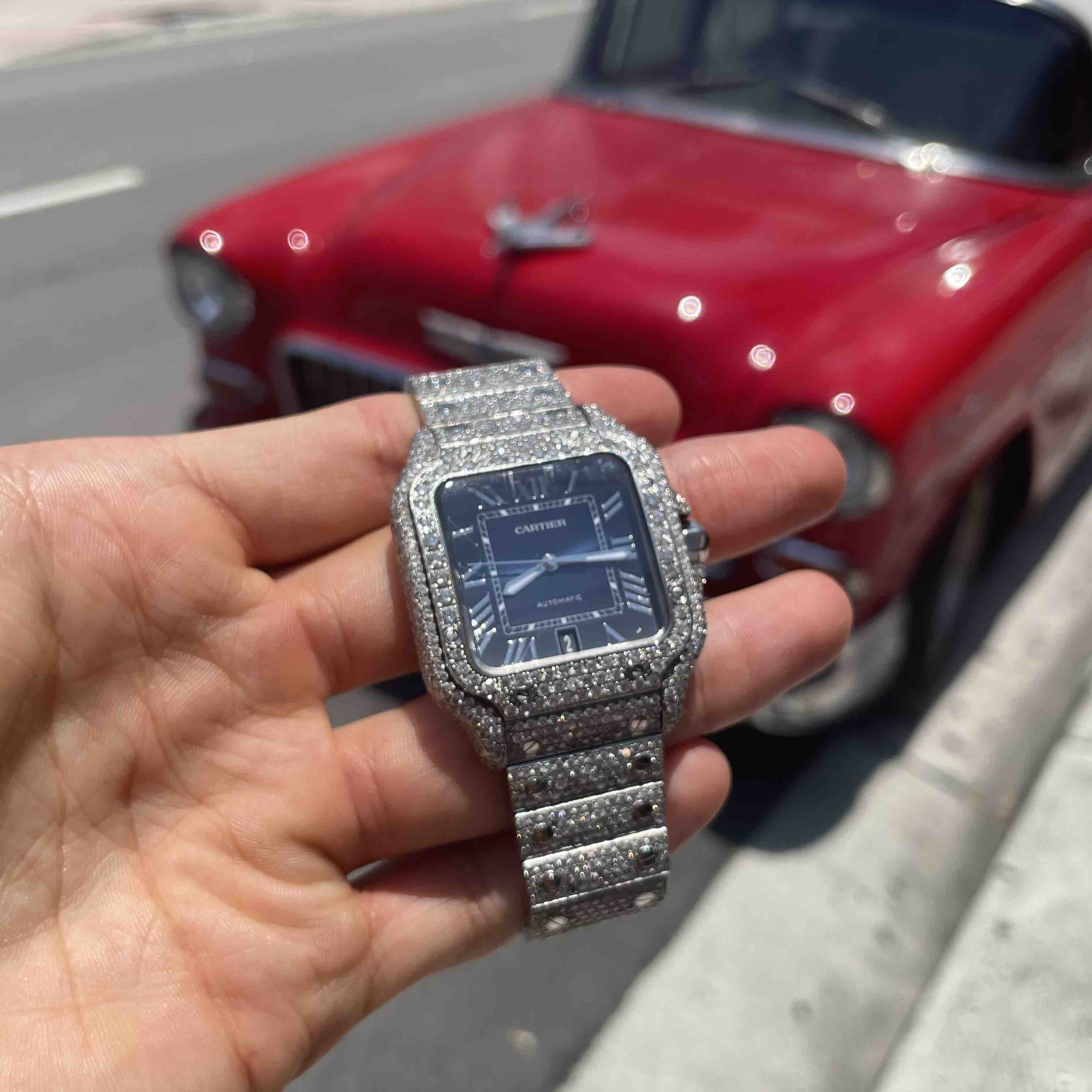 Iced Out Cartier Watch Blue Face