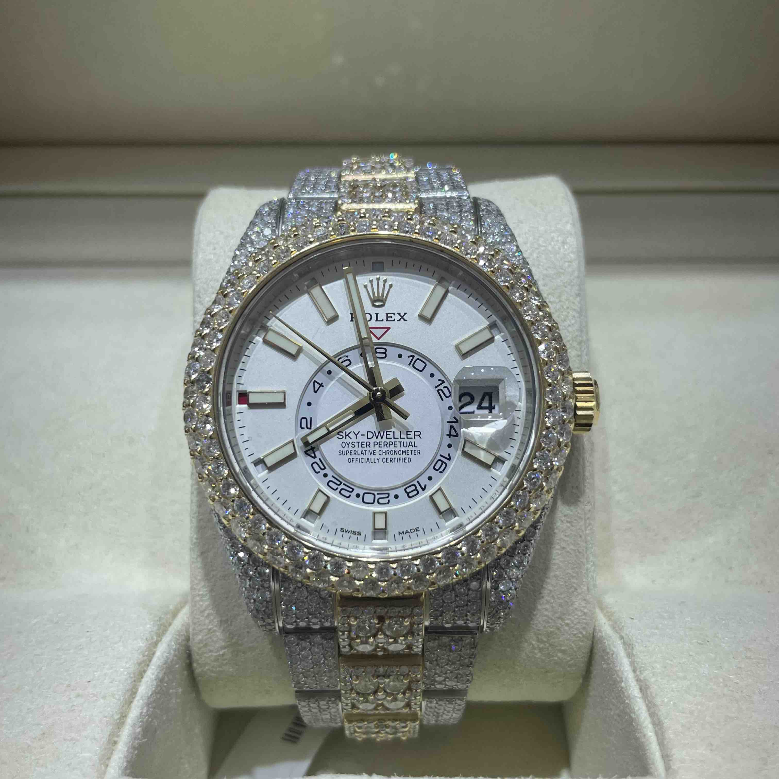 iced rolex "bust down" two tone sky dweller watch with 37 cts of vs1 diamonds