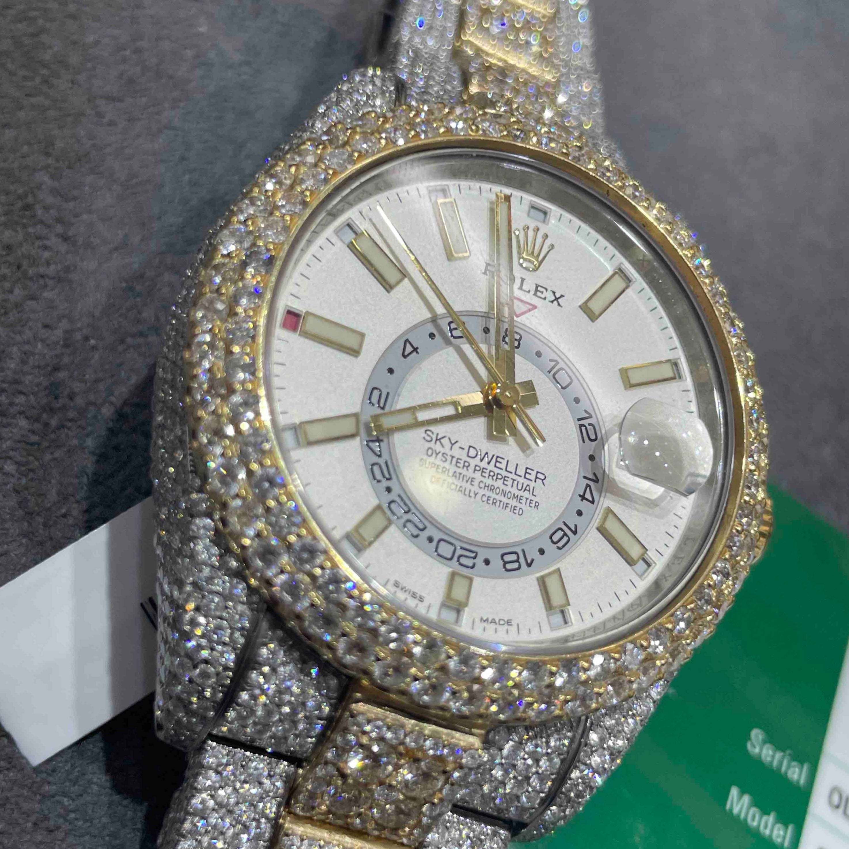 iced rolex "bust down" two tone sky dweller watch with 37 cts of vs1 diamonds