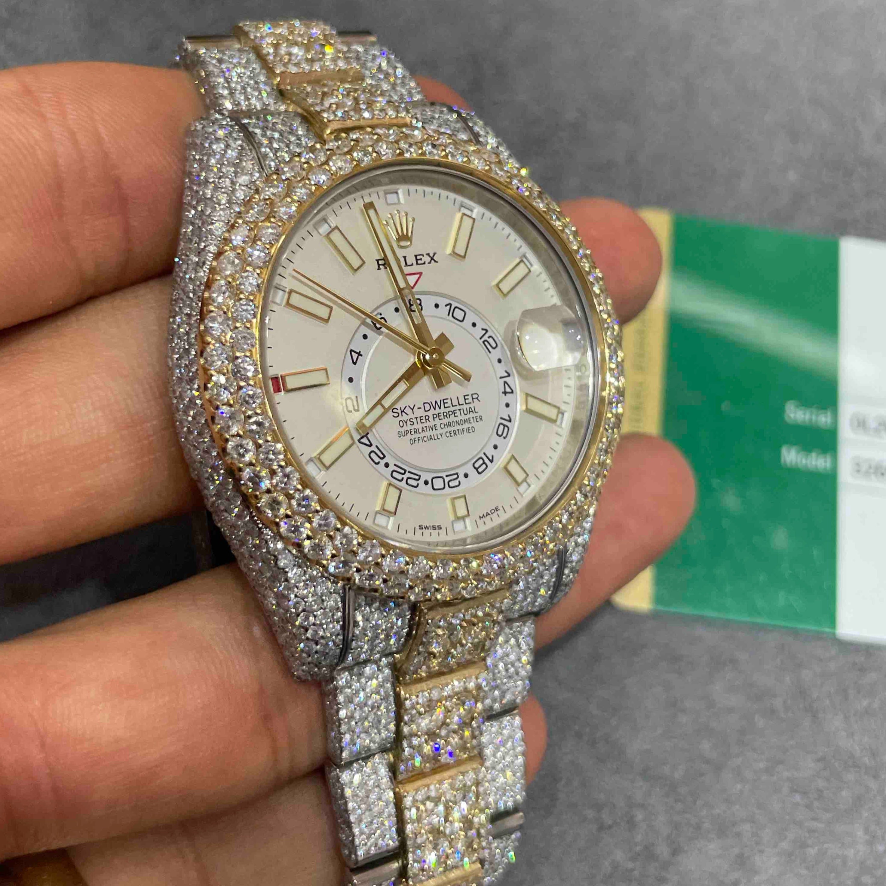 iced rolex "bust down" two tone sky dweller watch with 37 cts of vs1 diamonds