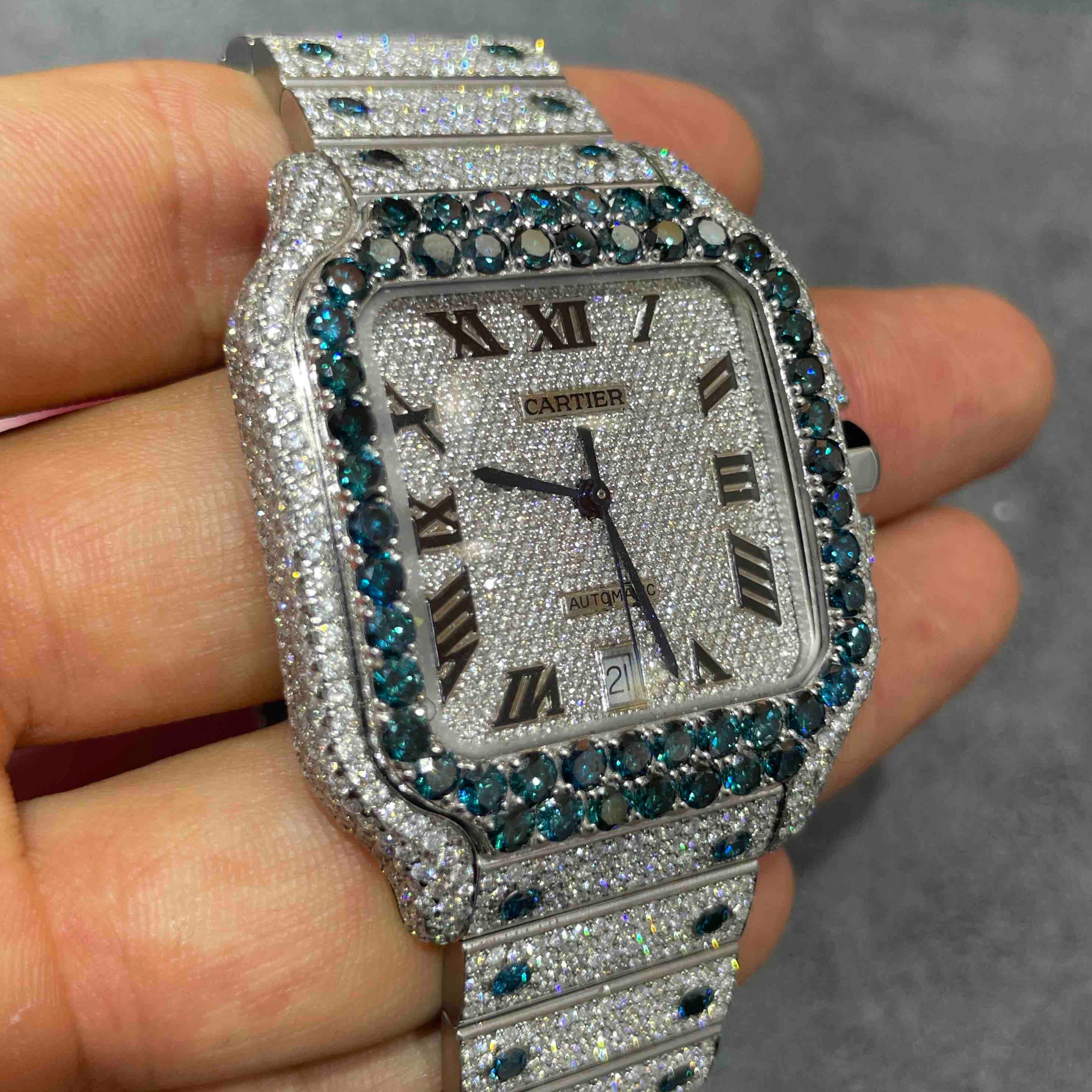 SAPPHIRE ICED OUT CARTIER WATCH