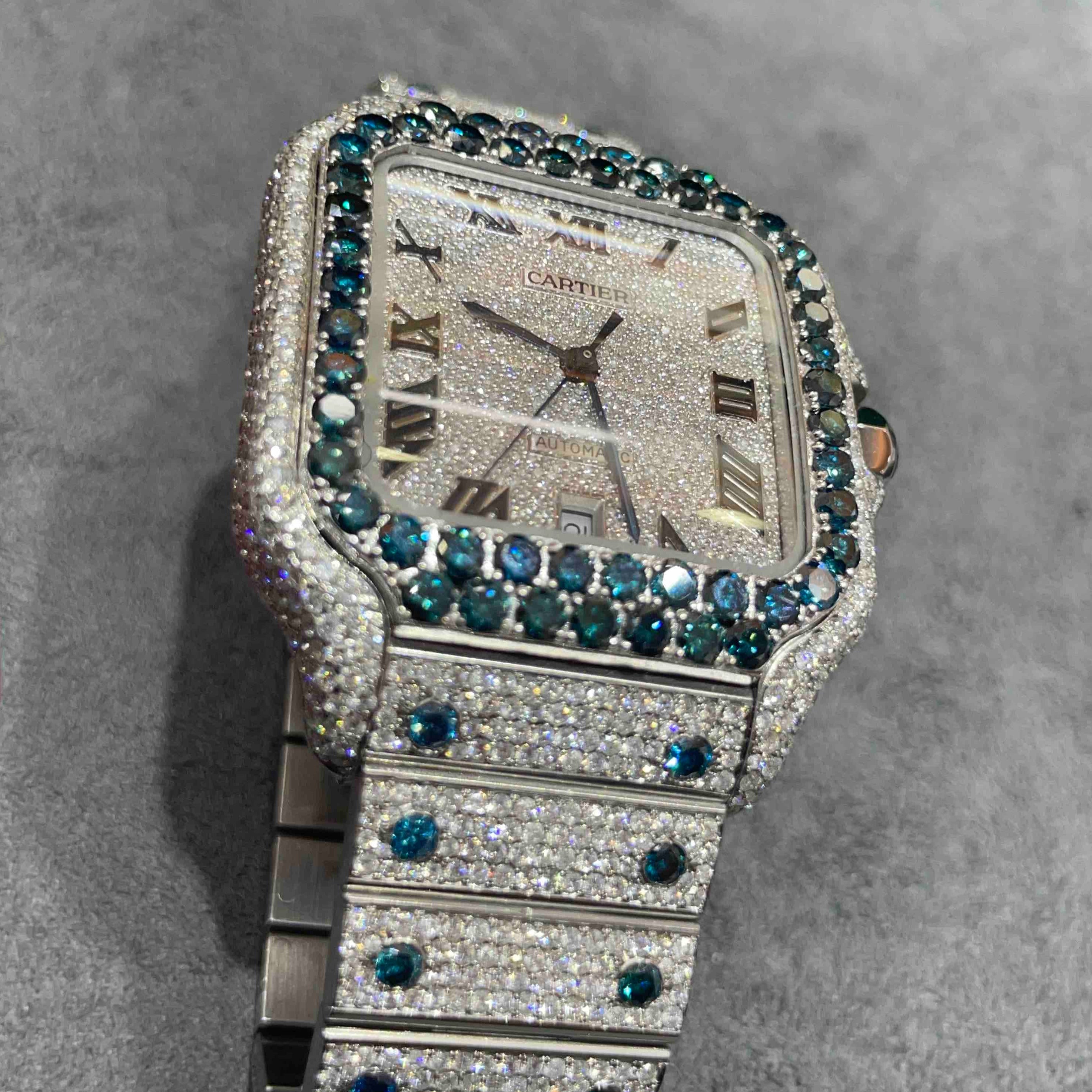 SAPPHIRE ICED OUT CARTIER WATCH