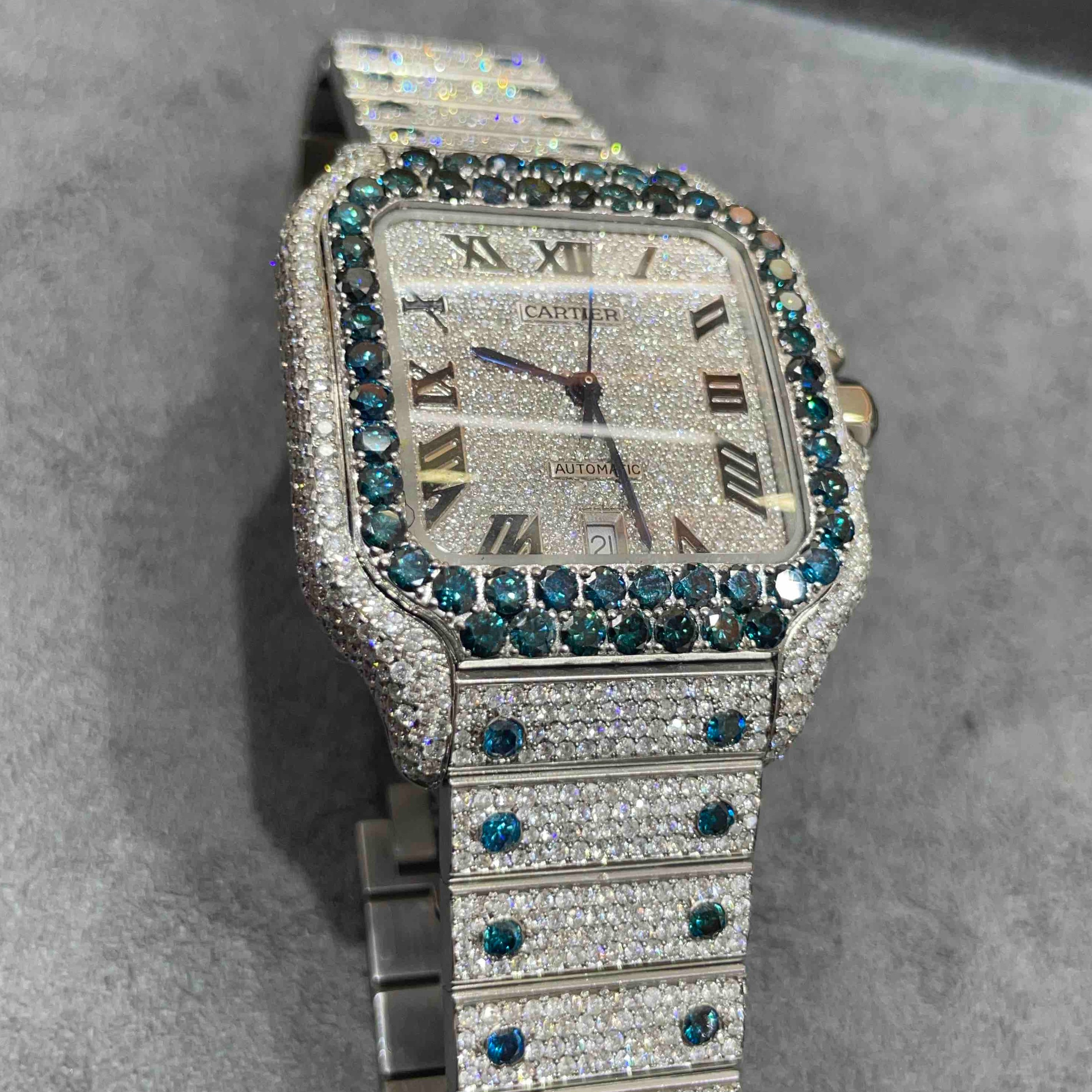 SAPPHIRE ICED OUT CARTIER WATCH