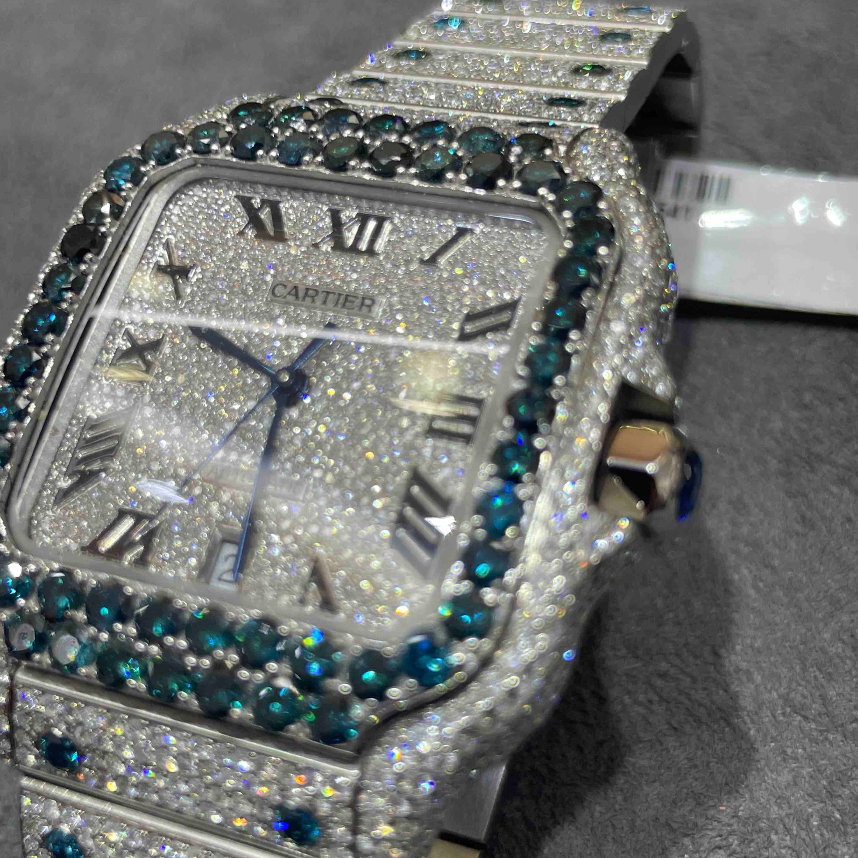 SAPPHIRE ICED OUT CARTIER WATCH