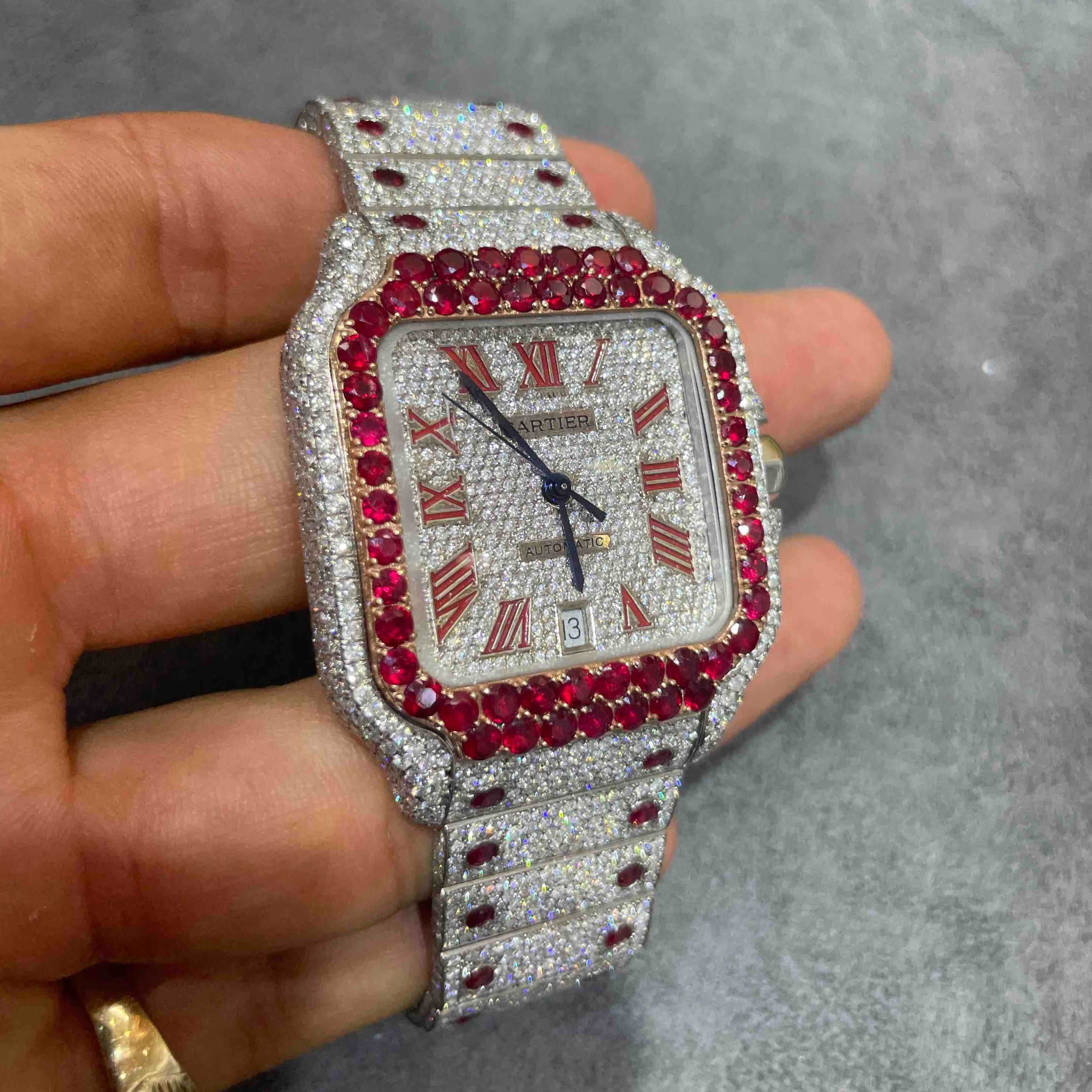 41mm RUBY ICED OUT CARTIER WATCH