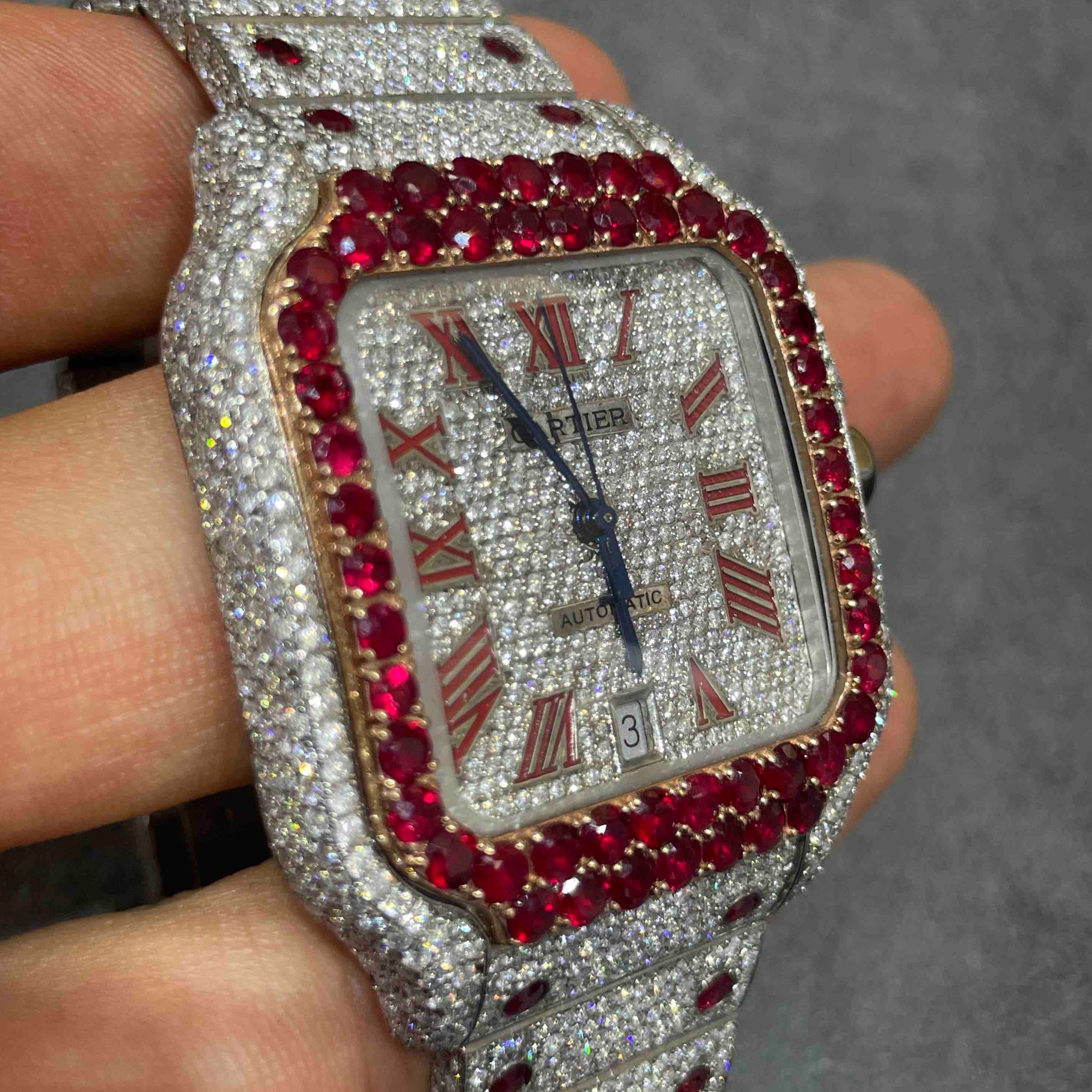 41mm RUBY ICED OUT CARTIER WATCH