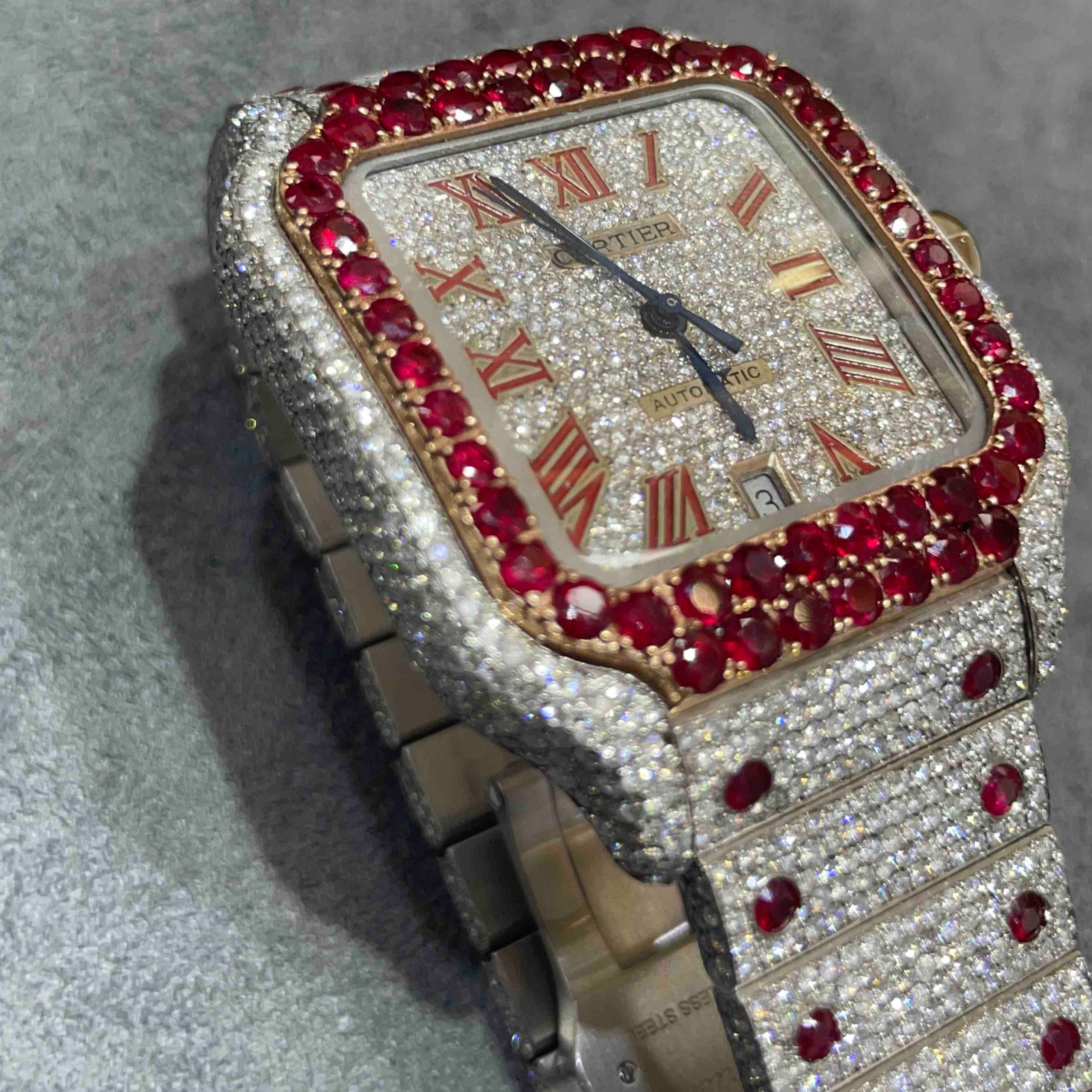 41mm RUBY ICED OUT CARTIER WATCH | BRAND NEW | 18 cts