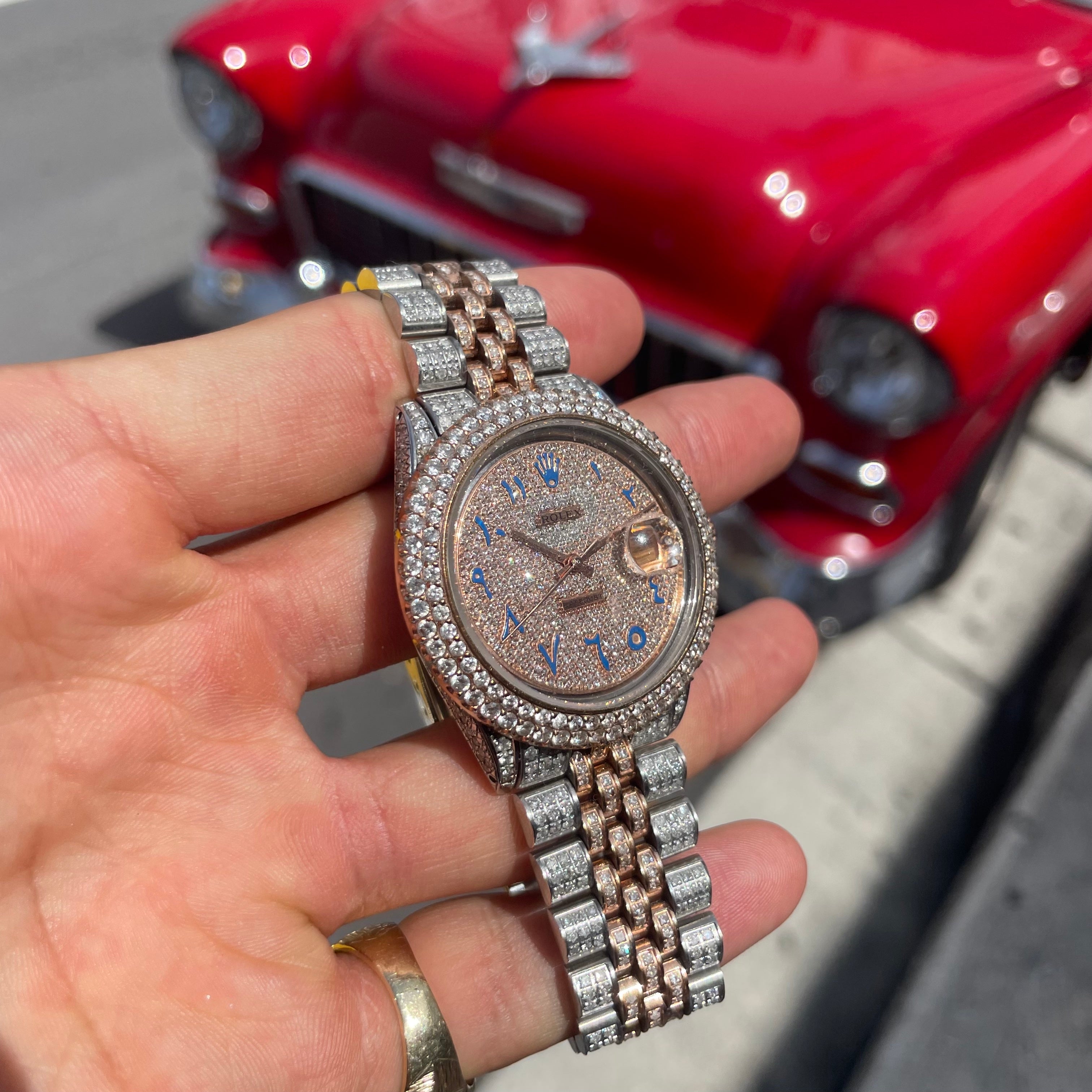 36mm Iced Out Rolex Rose Gold Blue Arabic Dial