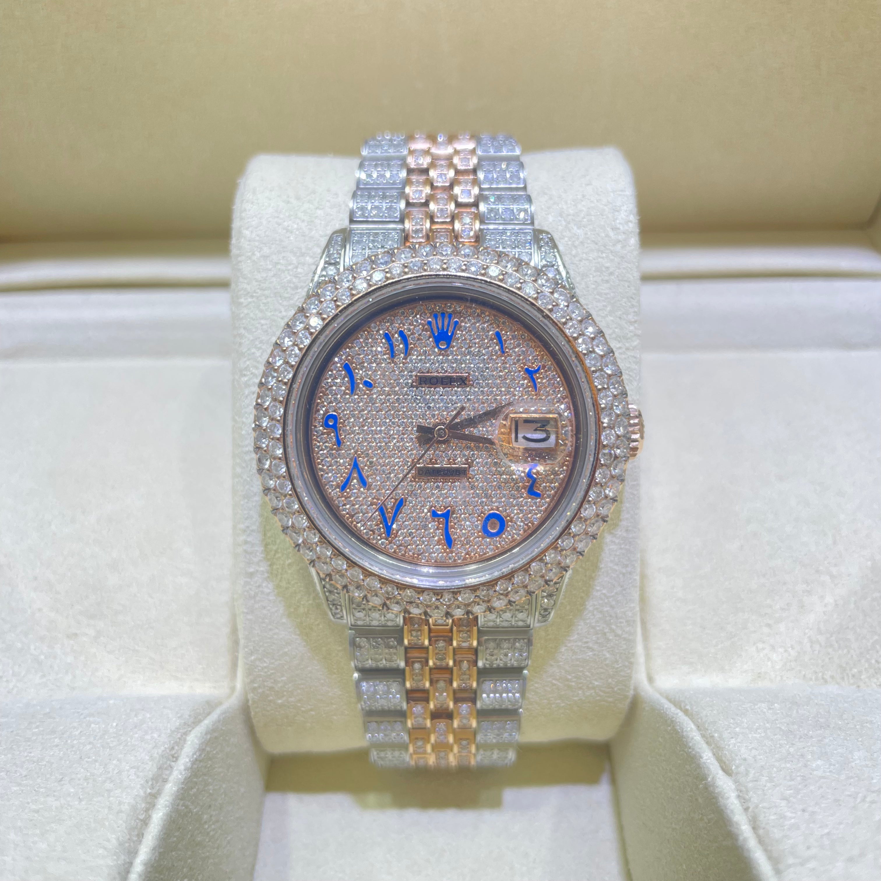 36mm Iced Out Rolex Rose Gold Blue Arabic Dial