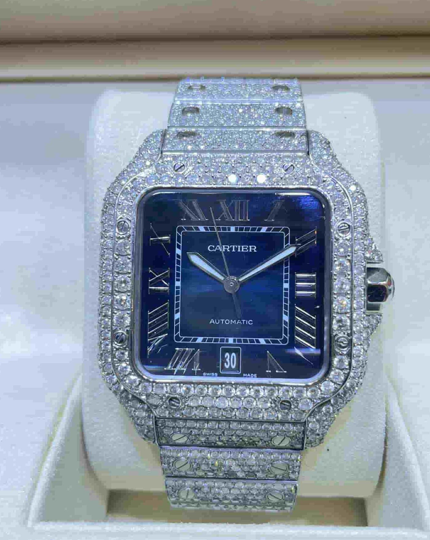 Iced Out Cartier Watch Blue Face