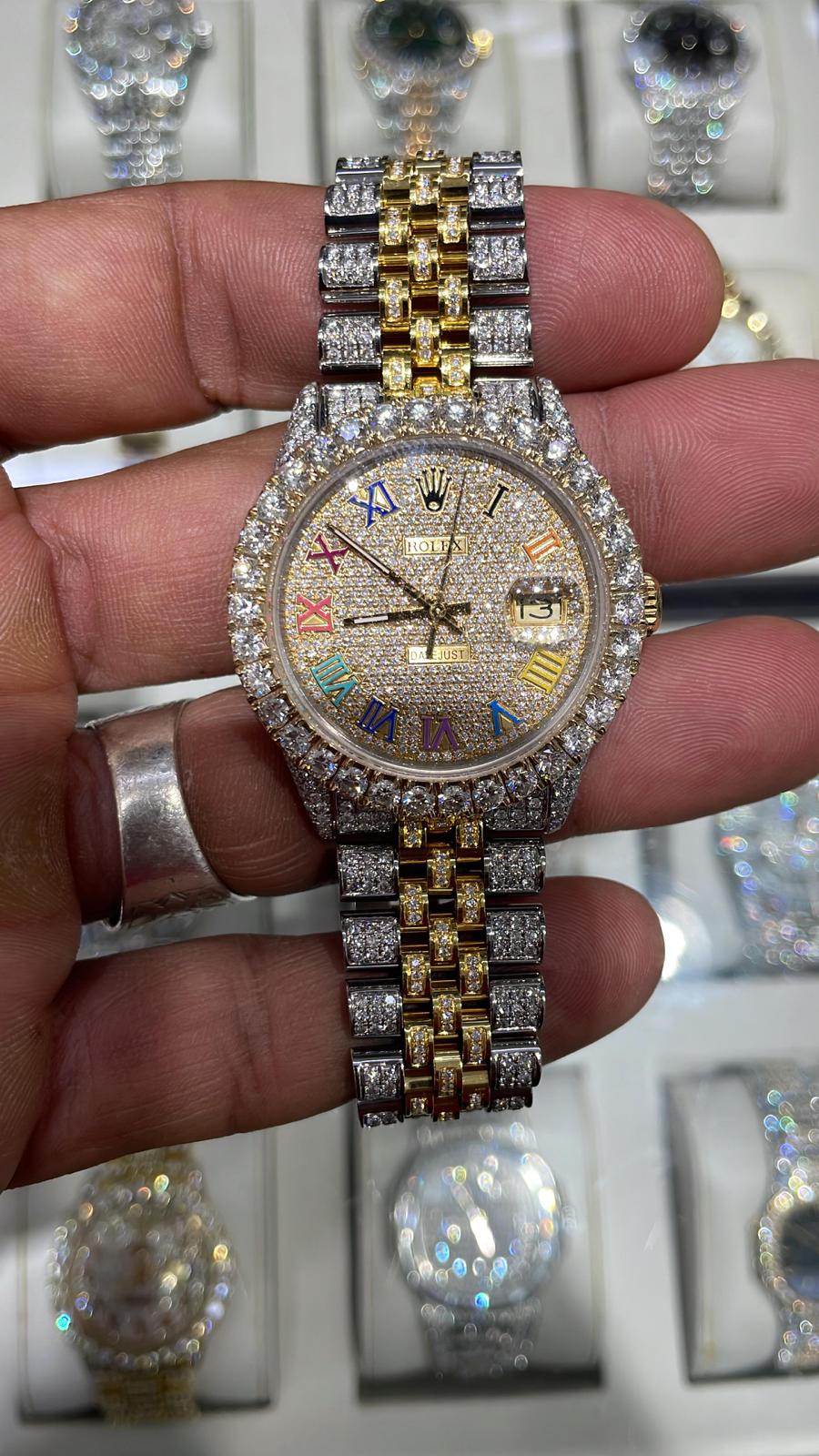 Double Bezel Bust Down 36mm Rolex | 15 cts VS1 Natural | Rainbow