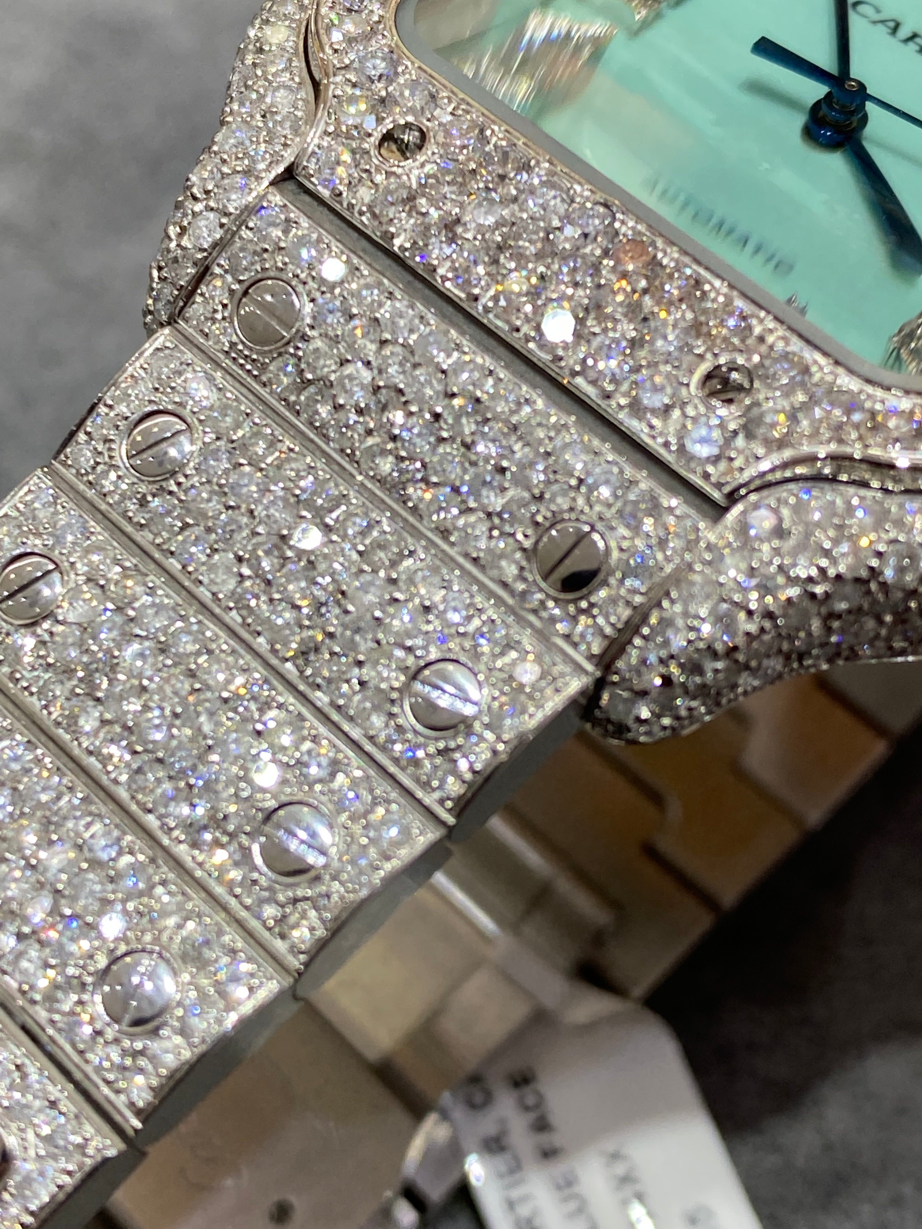 new 41mm cartier santos xl"iced bust down" watch blue “tiffany style”dial 18cts t.w.vs1 natural diamonds 💎