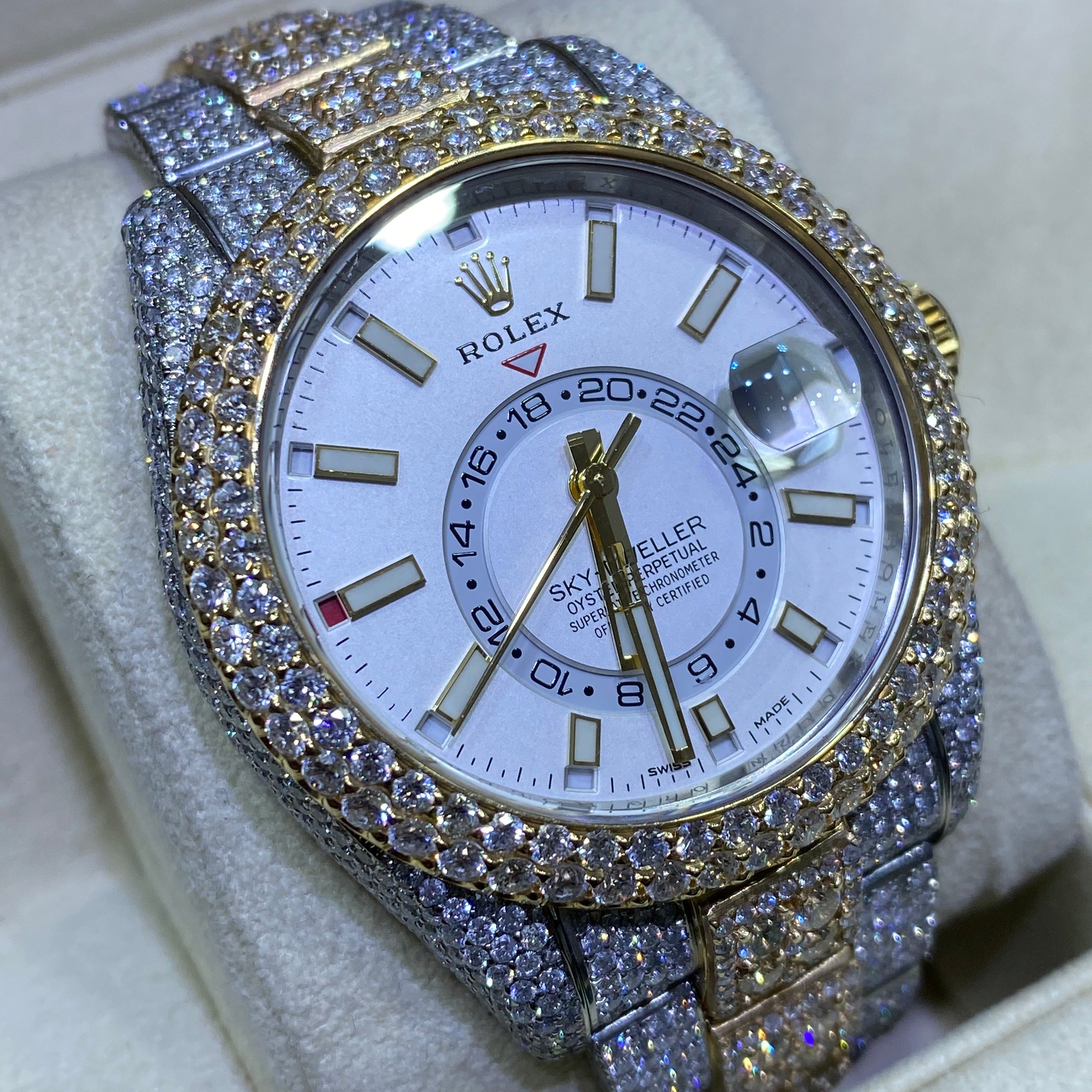 iced rolex "bust down" two tone sky dweller watch with 37 cts of vs1 diamonds