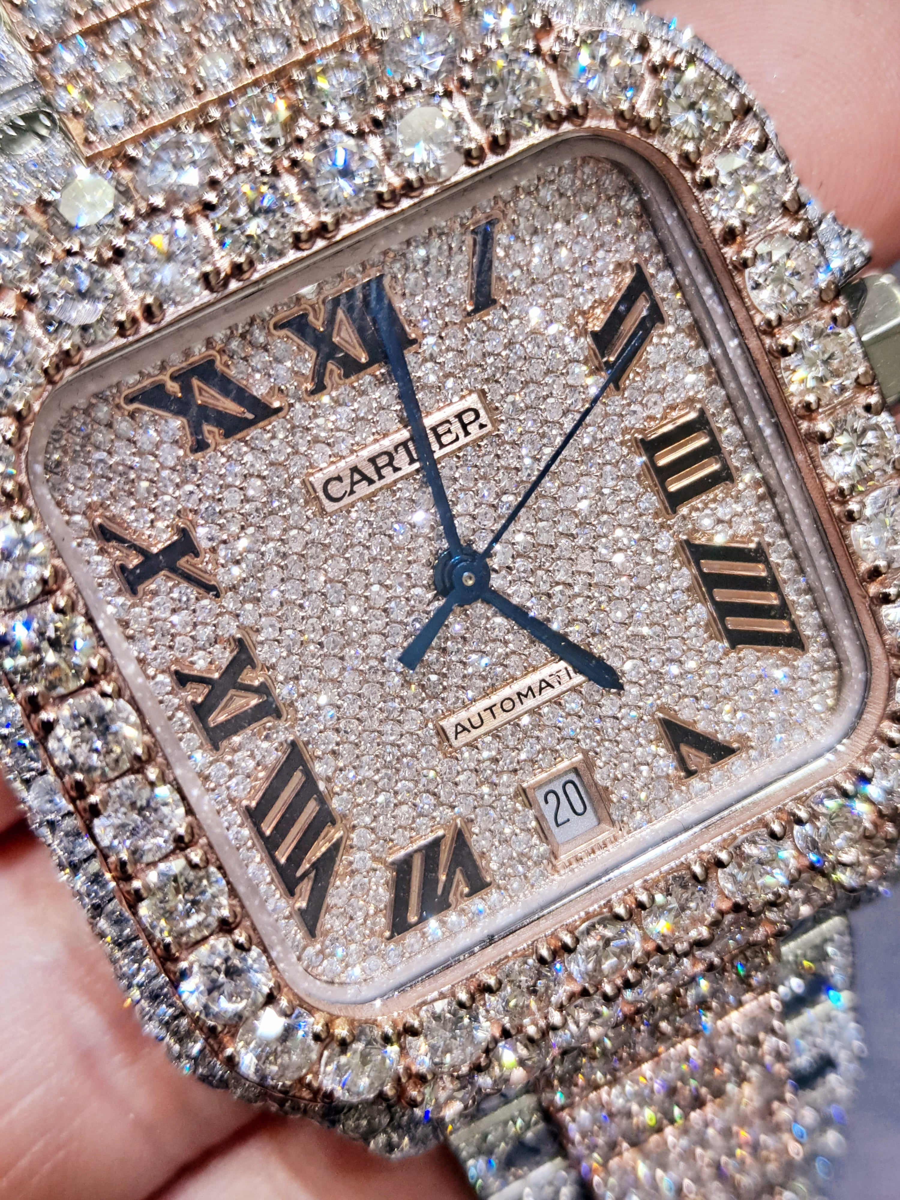41mm rose gold cartier santos xl watch "iced bustdown"30cts t.w.