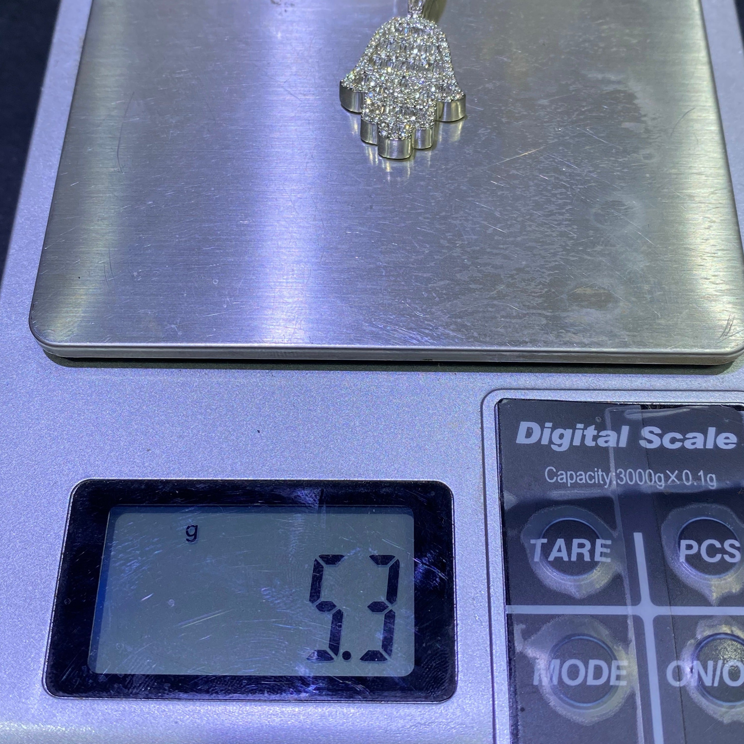 Hand Of God "iced hamsa" Charm VVS1 Baguettes natural diamonds π , 5 grams 14k white gold