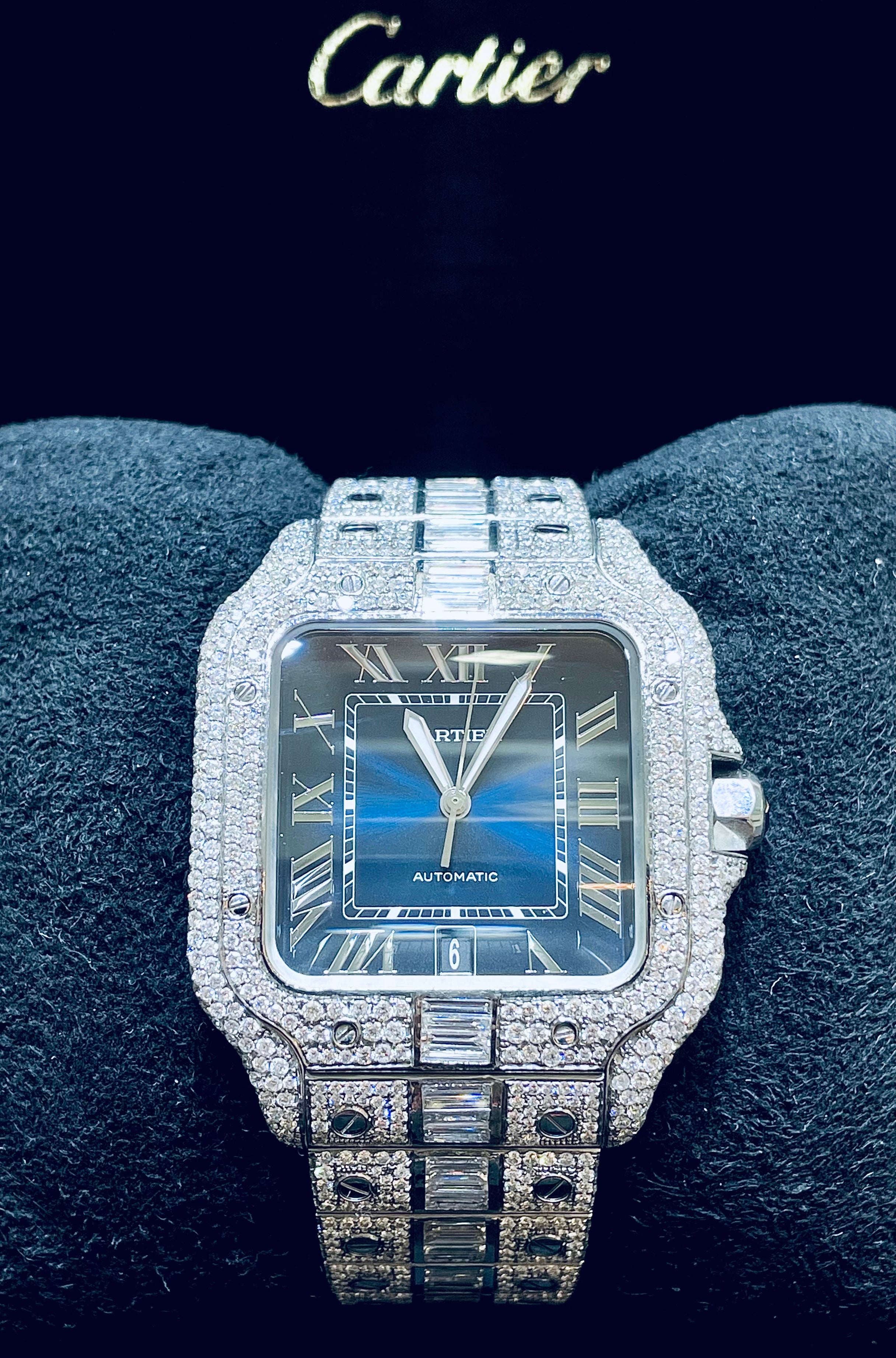 new 41mm cartier santos xl “iced bustdown “baguettes vvs1 blue dial 31 cts t.w.natural diamond 💎