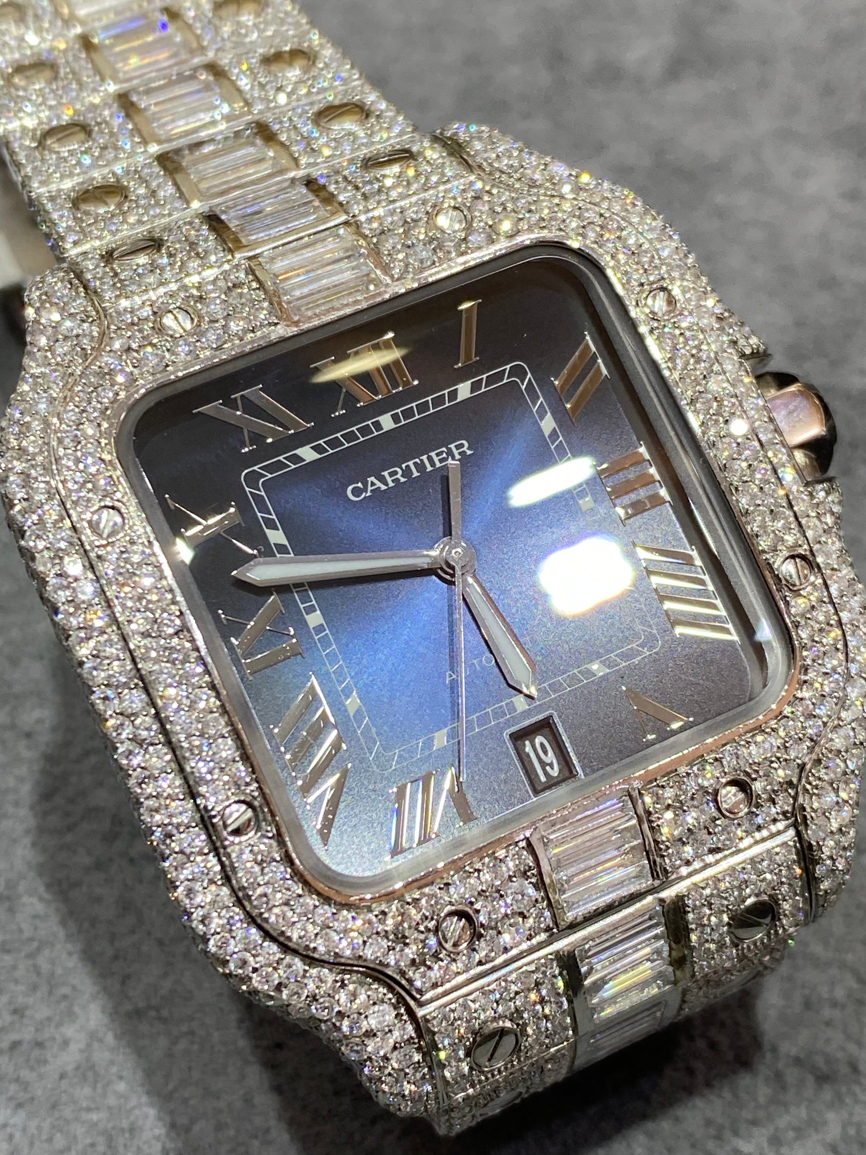 new 41mm cartier santos xl “iced bustdown “baguettes vvs1 blue dial 31 cts t.w.natural diamond 💎