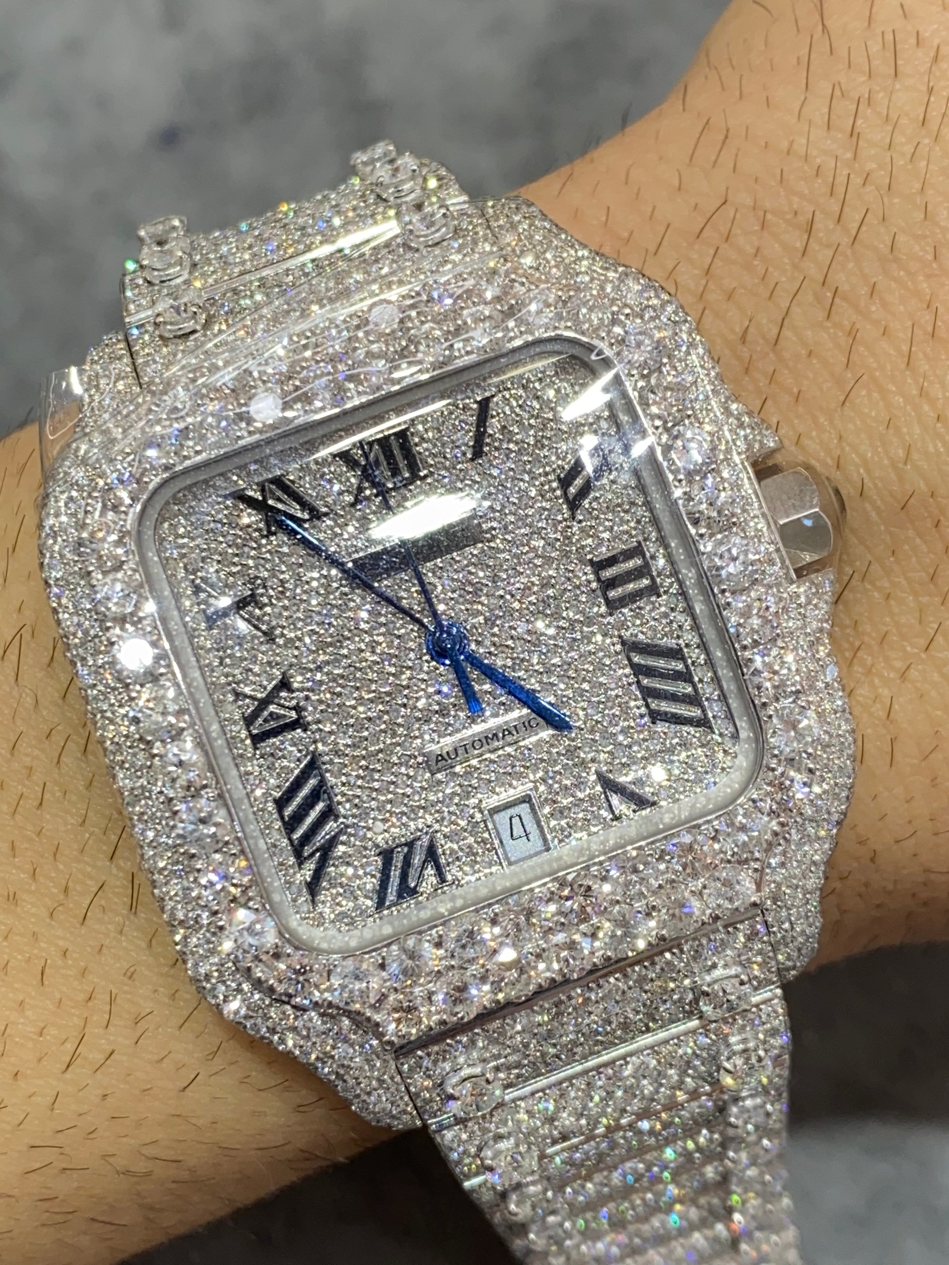 41mm cartier "iced bust down" watch. vs1 natural diamonds 25 cts t.w.. white
