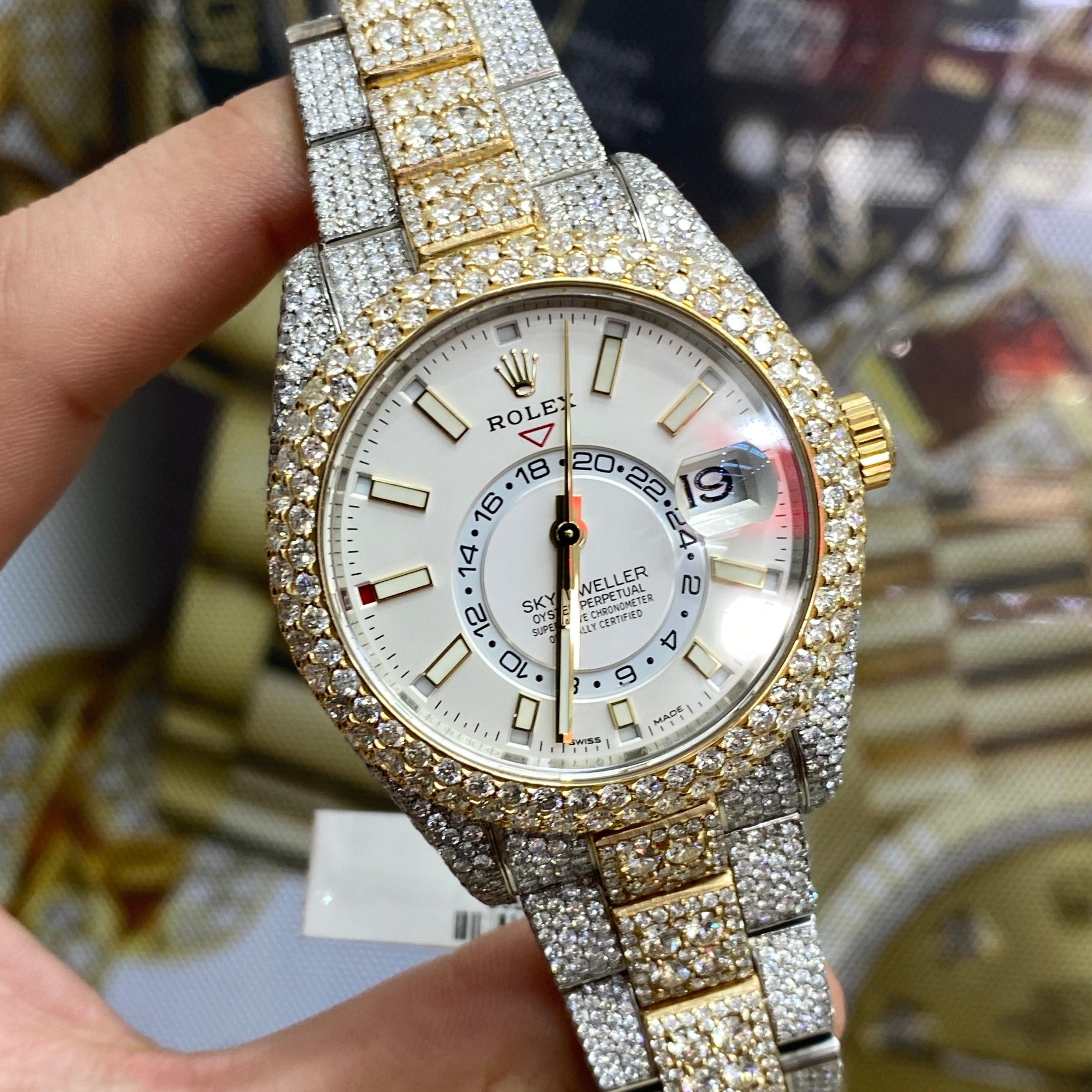iced rolex "bust down" two tone sky dweller watch with 37 cts of vs1 diamonds