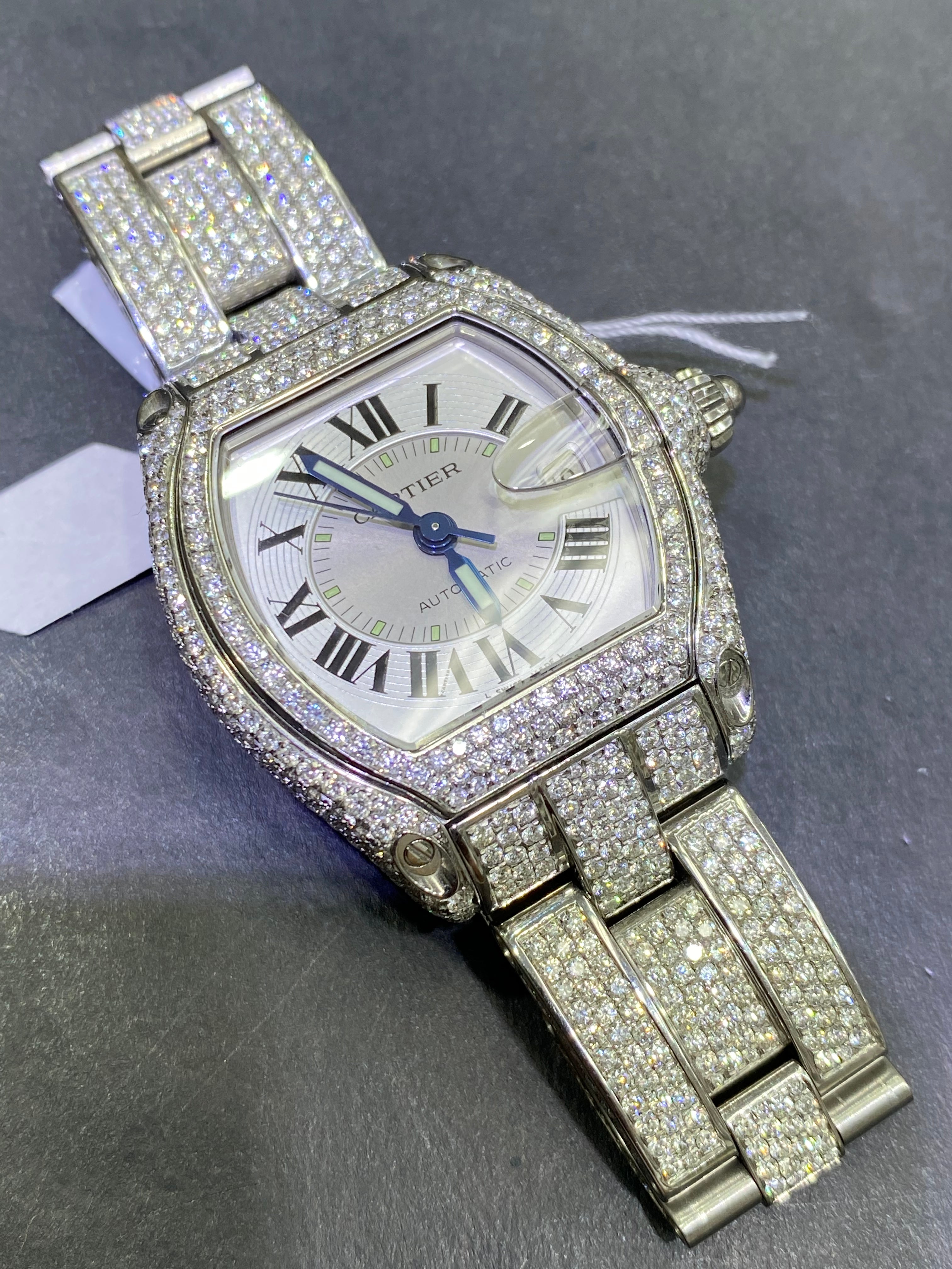 36mm Cartier Roadster 20 cts Vvs1 iced Bustdown 1of 1 "iced out" cartier bust down watch stainless steel